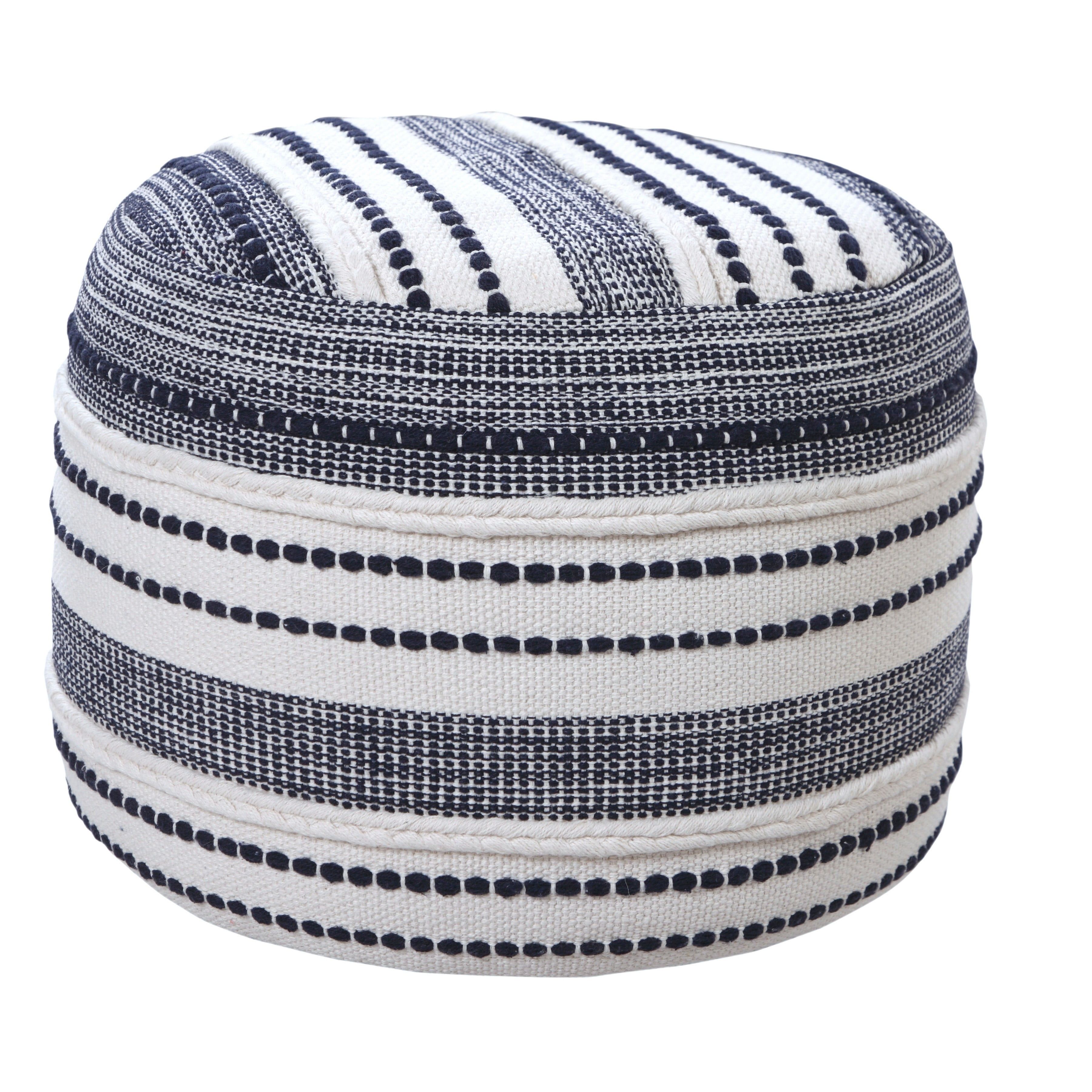 Navy and Ivory Seaside Striped Cotton Pouf Ottoman, 18" x 14"