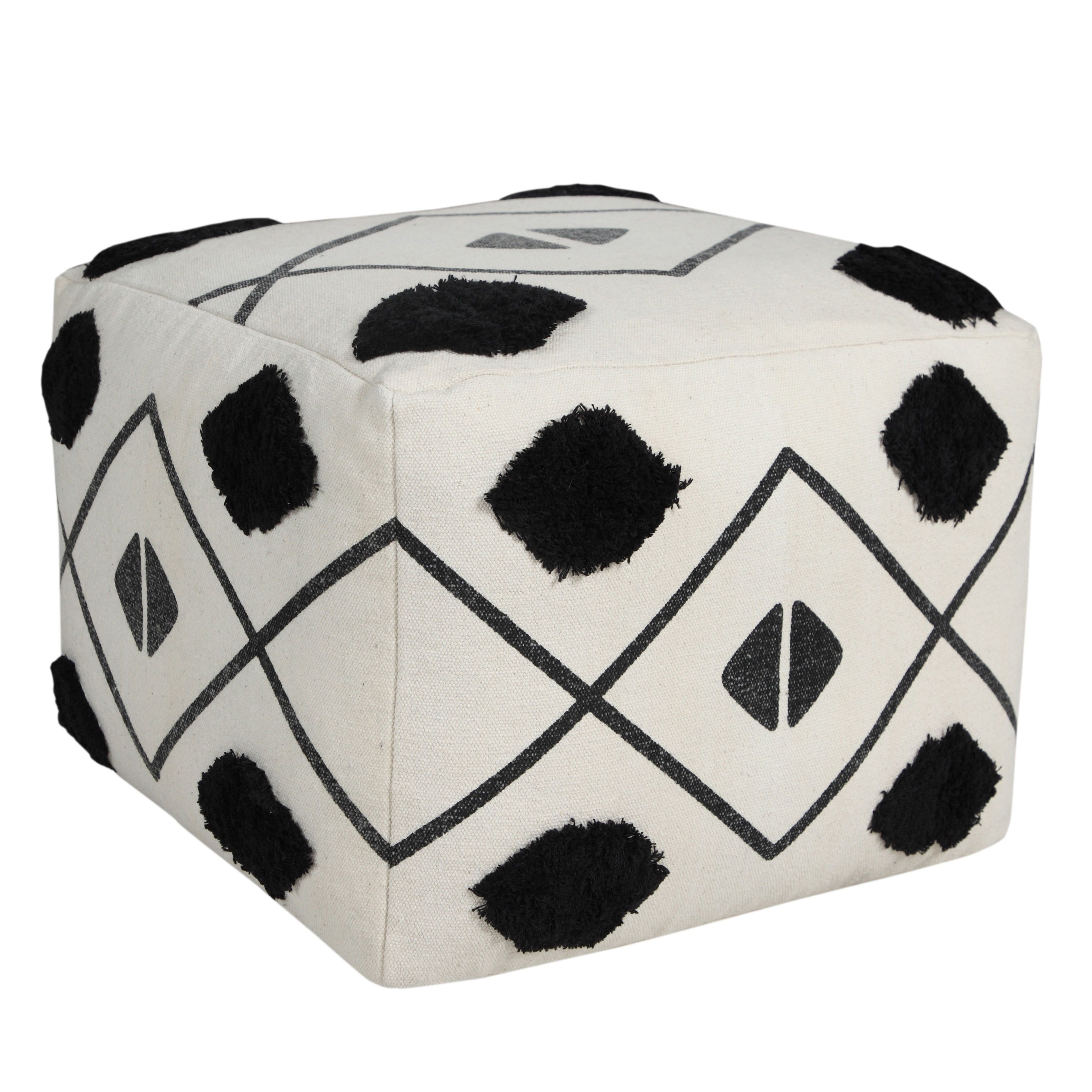 Ivory and Black Diamond Tufted Square Pouf Ottoman, 18" x 14"