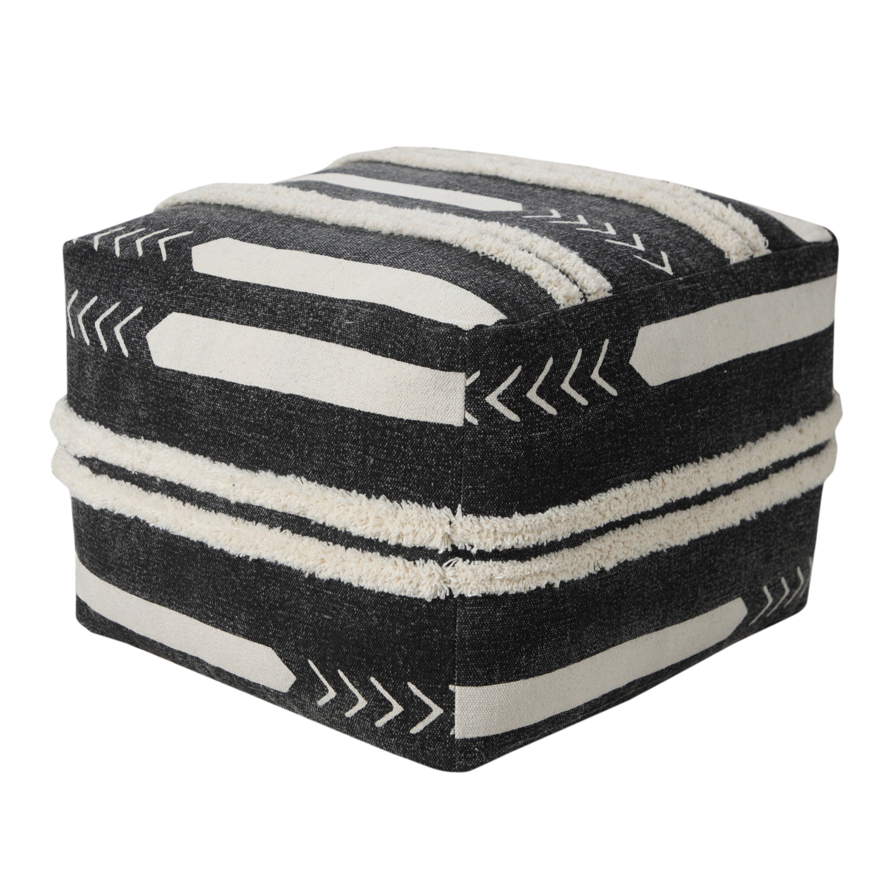 Modern Chevron Textured Tufted Pouf in Black and White, 18"x18"x14"