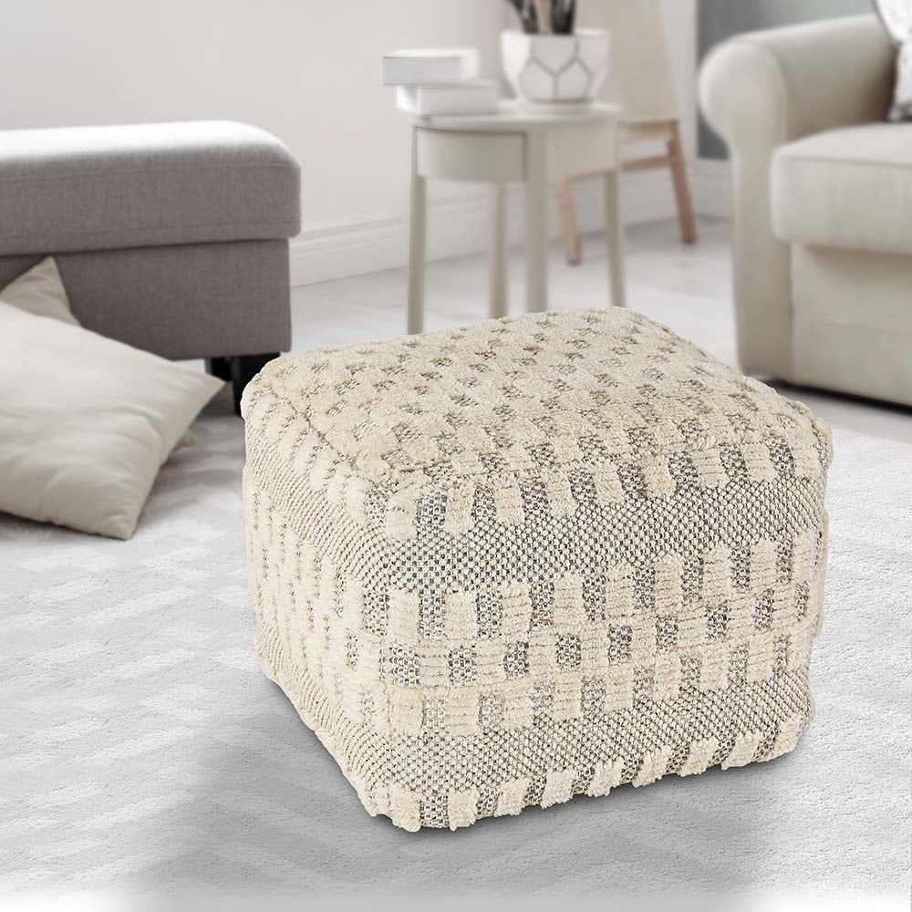 Cream & Light Gray Tufted Geometric Jute Pouf, 18"x18"x14"