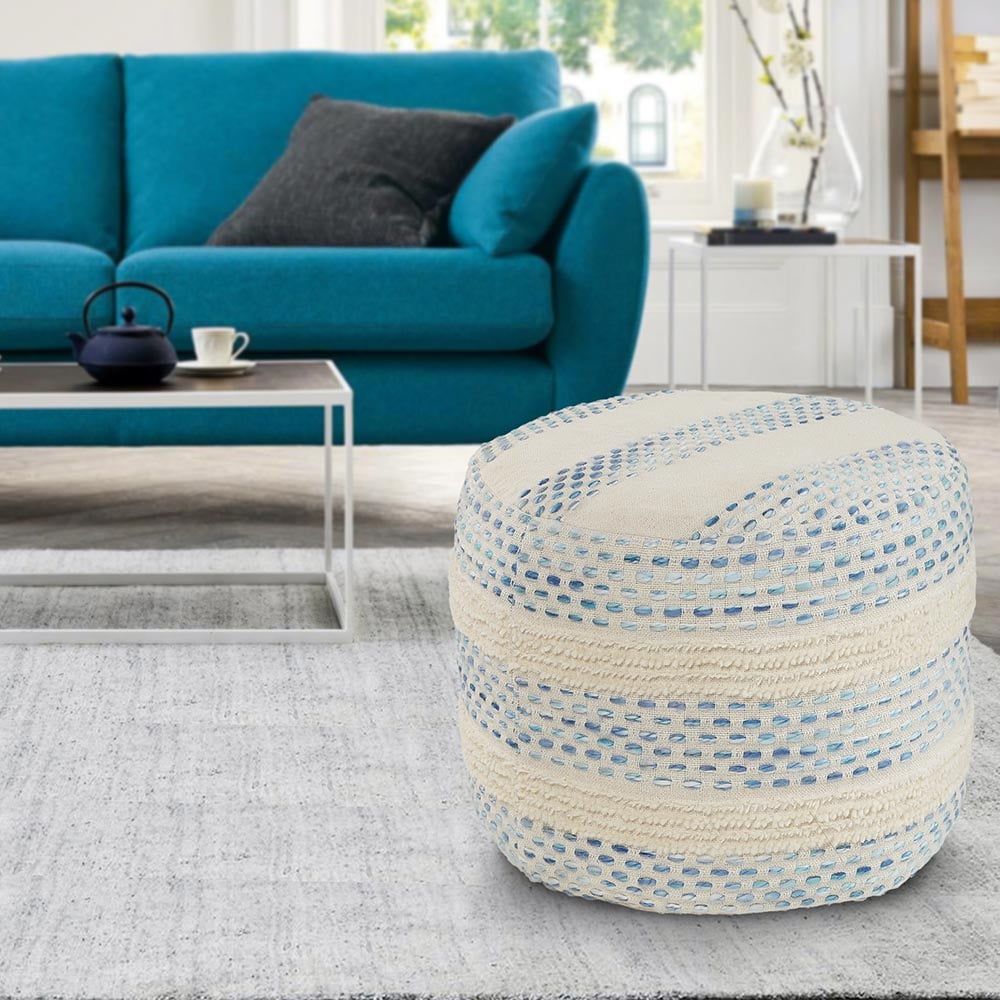 Blue and Cream Tufted Round Cotton Blend Pouf