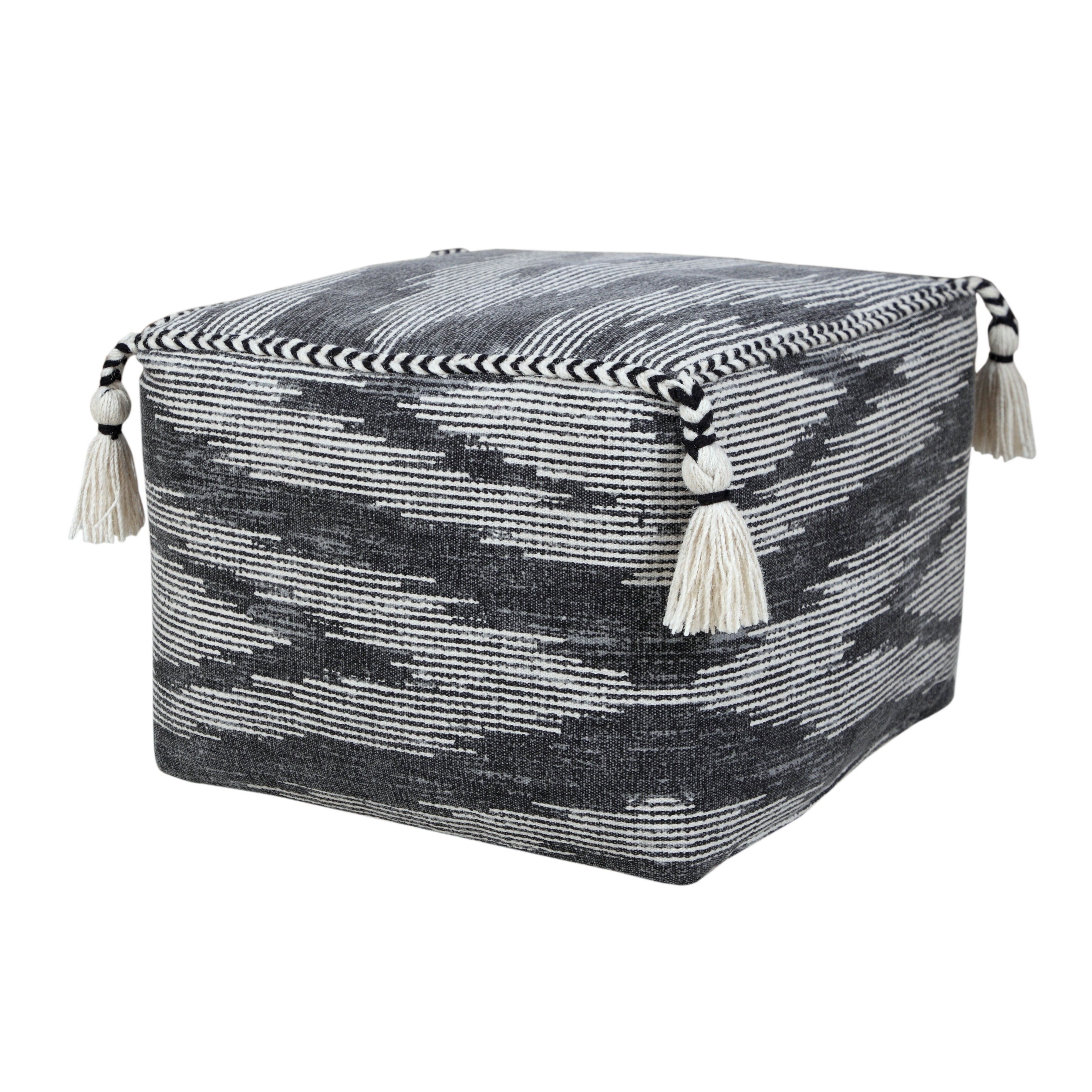 Gray and Ivory Cotton Geometric Pouf with Tassels