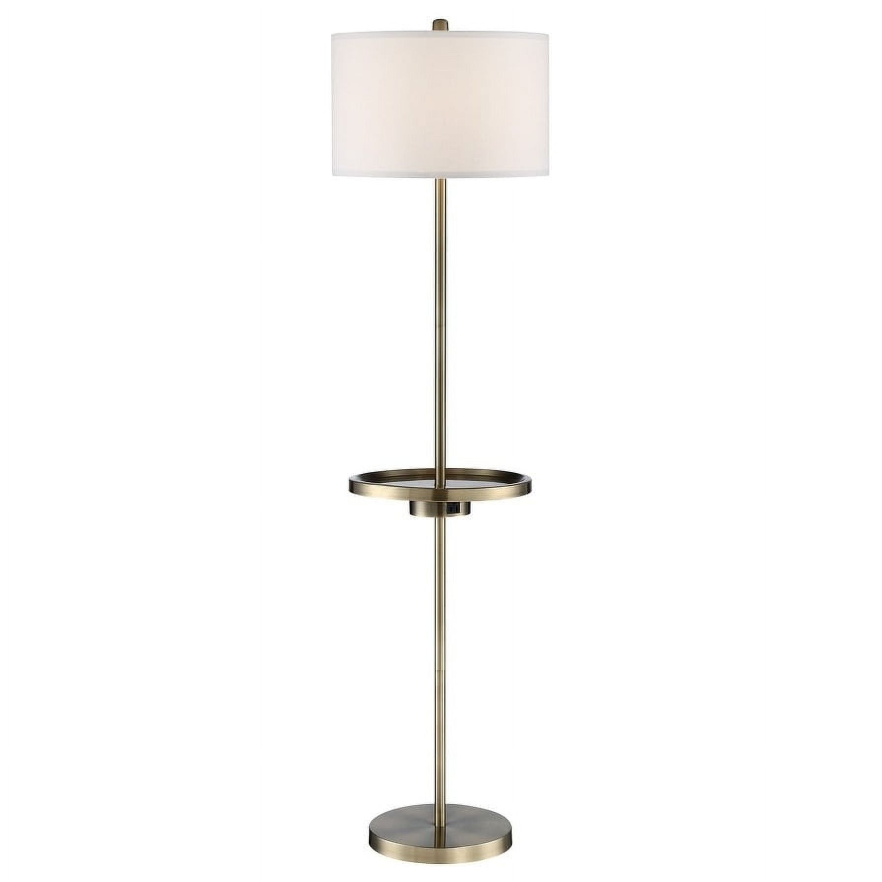 Antique Brass Metal Floor Lamp with White Fabric Shade and Built-in Tray