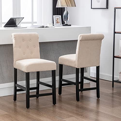 Beige 24-Inch Upholstered Wood Counter Height Stools, Set of 2