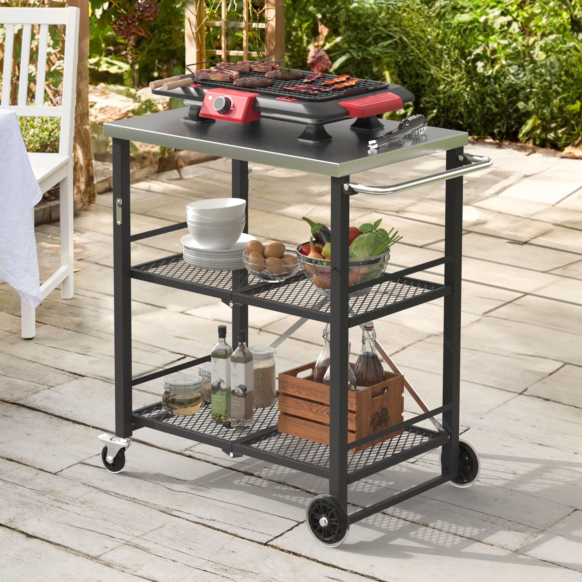 Black 3-Tier Stainless Steel Outdoor Grill Cart with Wheels