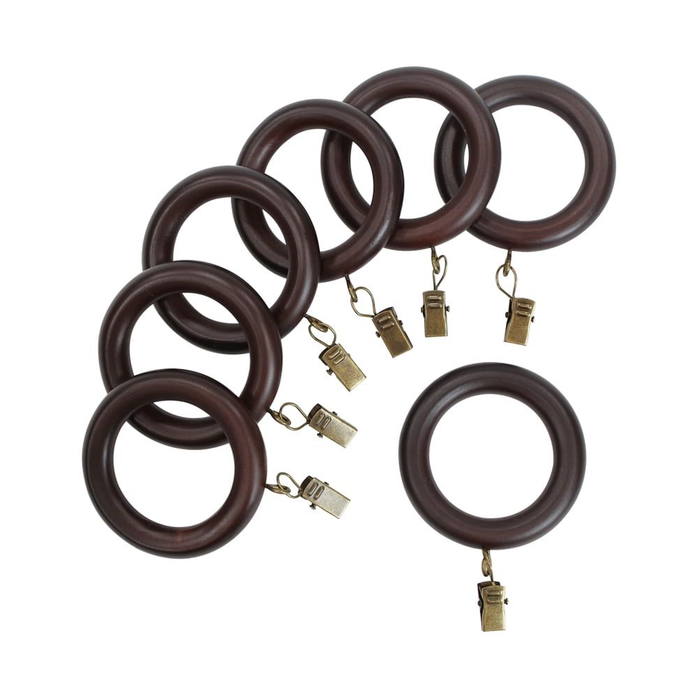 Antique Mahogany Wood Curtain Rings with Clips, Set of 7