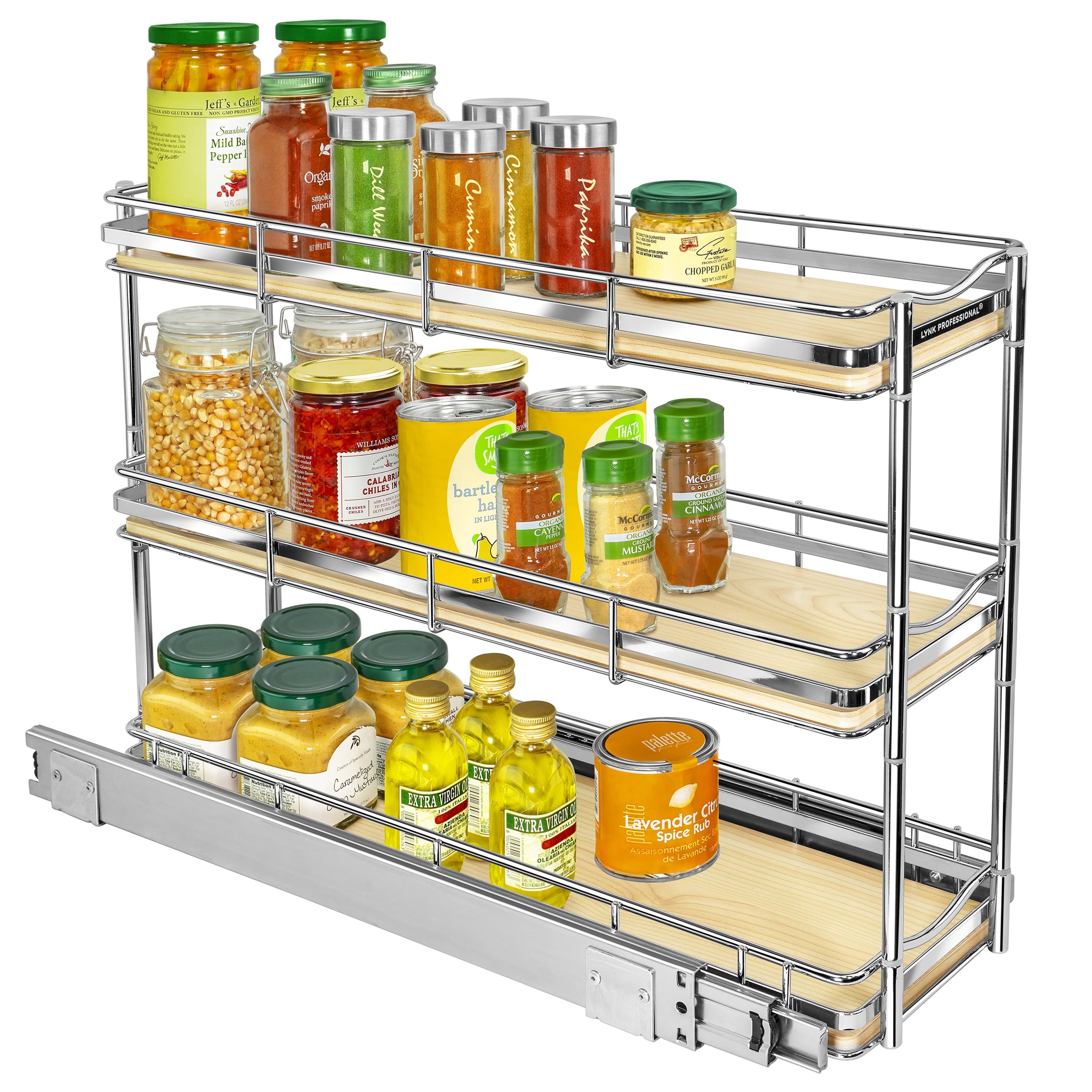 Narrow 3-Tier Wood and Chrome Pull-Out Spice Rack