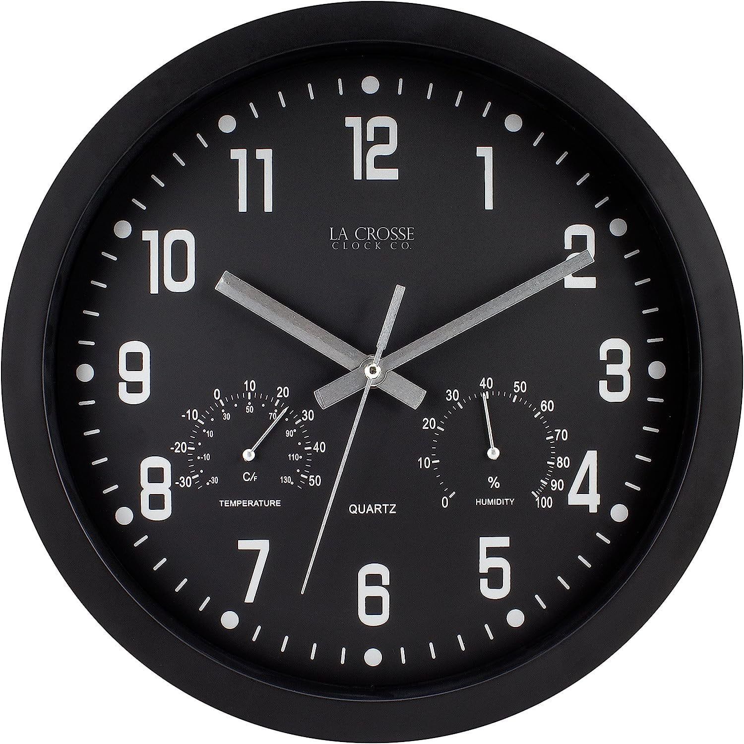 La Crosse 12'' Black Analog Wall Clock with Temperature and Humidity