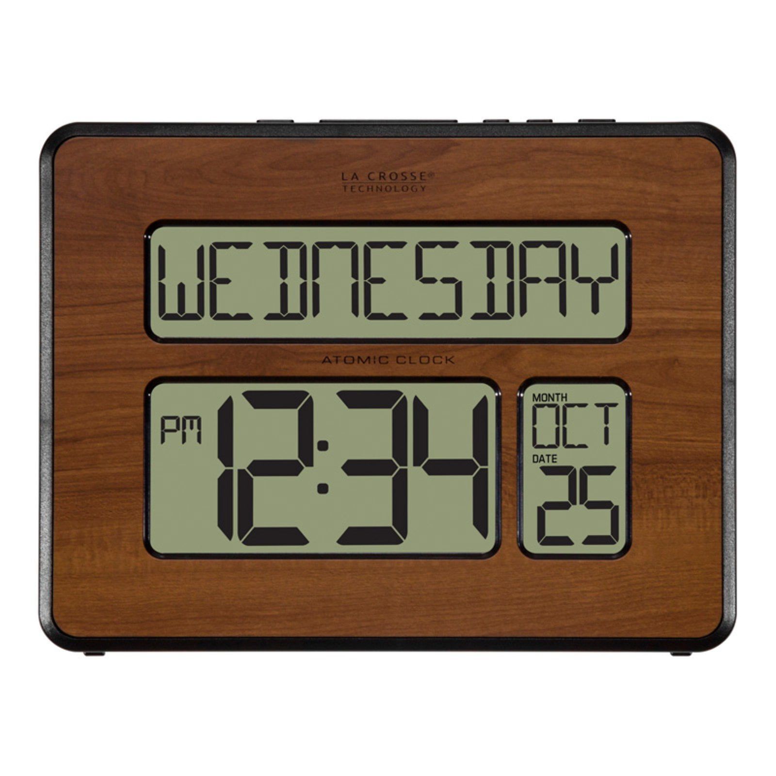 Walnut Atomic Digital Calendar Clock with Extra Large Digits