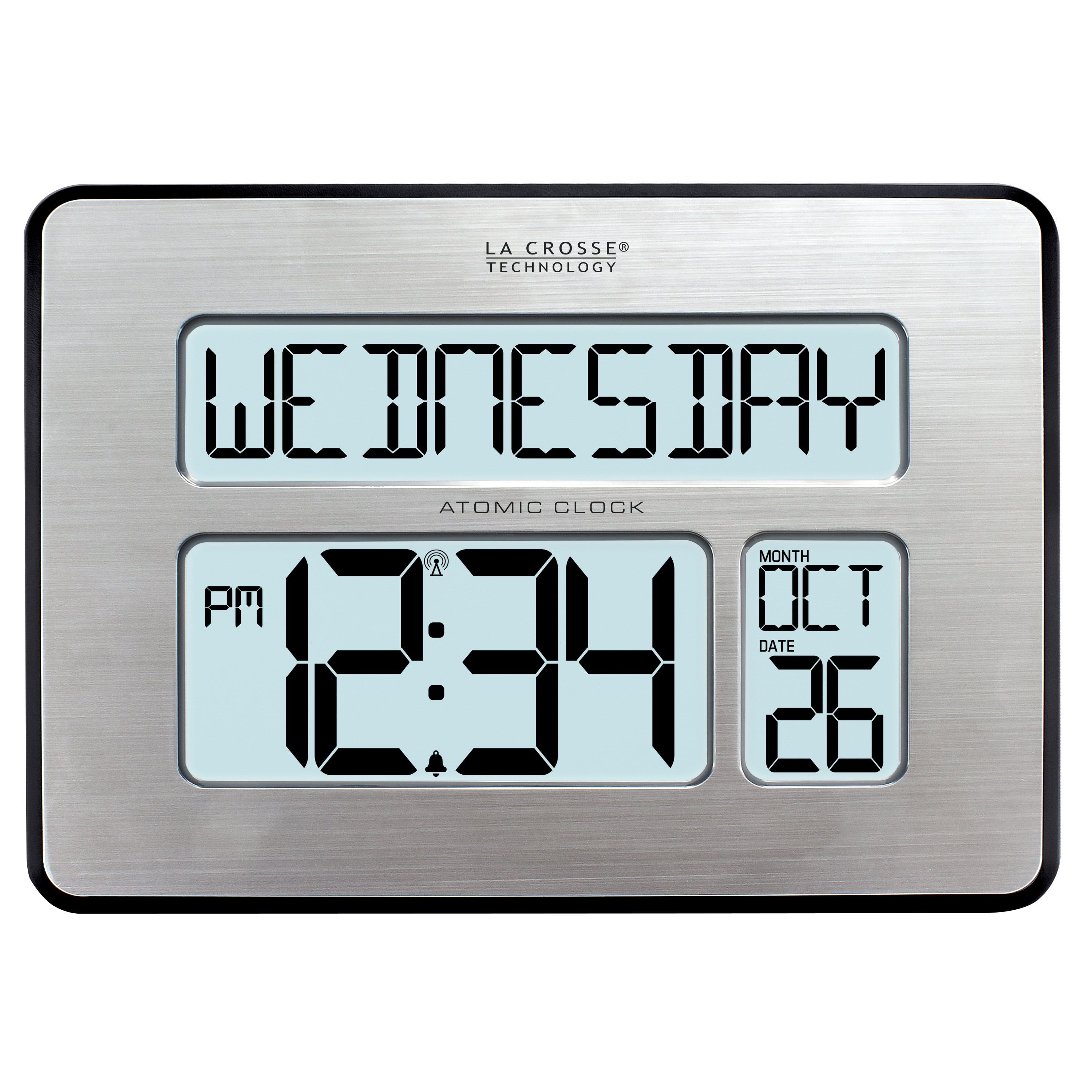 Silver Metallic Digital Atomic Wall Clock with Calendar