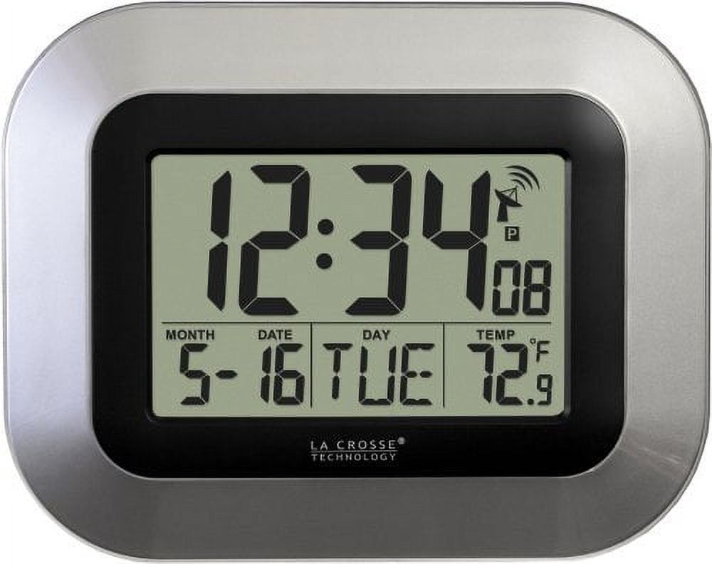 Silver Digital Atomic Wall Clock with Indoor Temperature Display