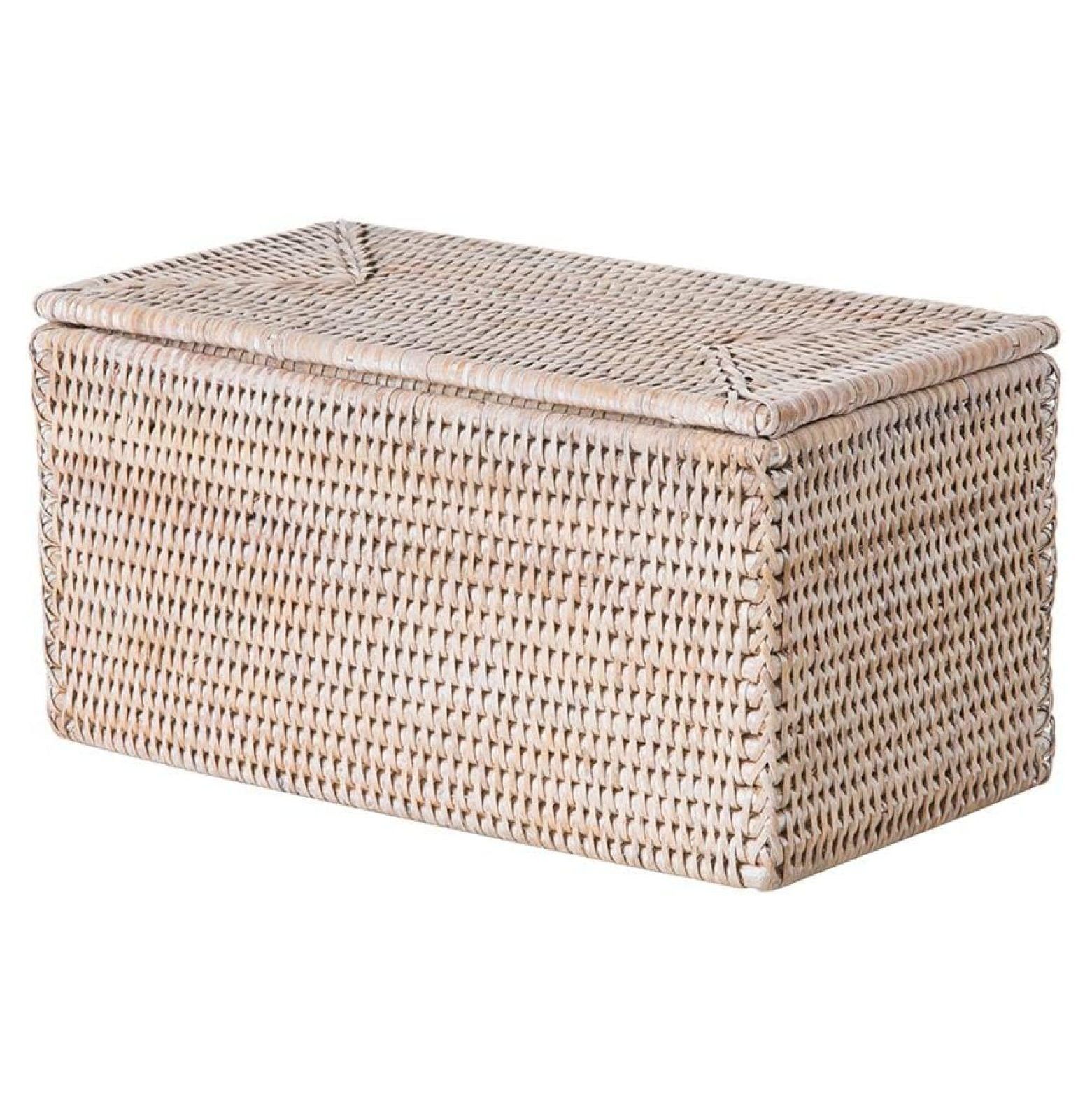 White-Wash Rectangular Rattan Storage Basket with Lid