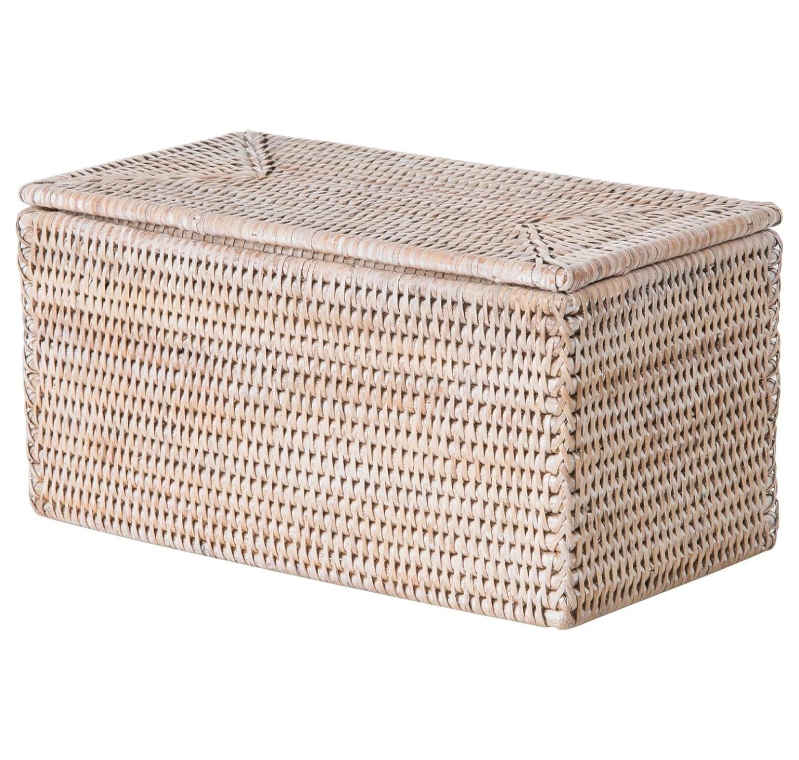 White-Wash Rectangular Rattan Storage Basket with Lid