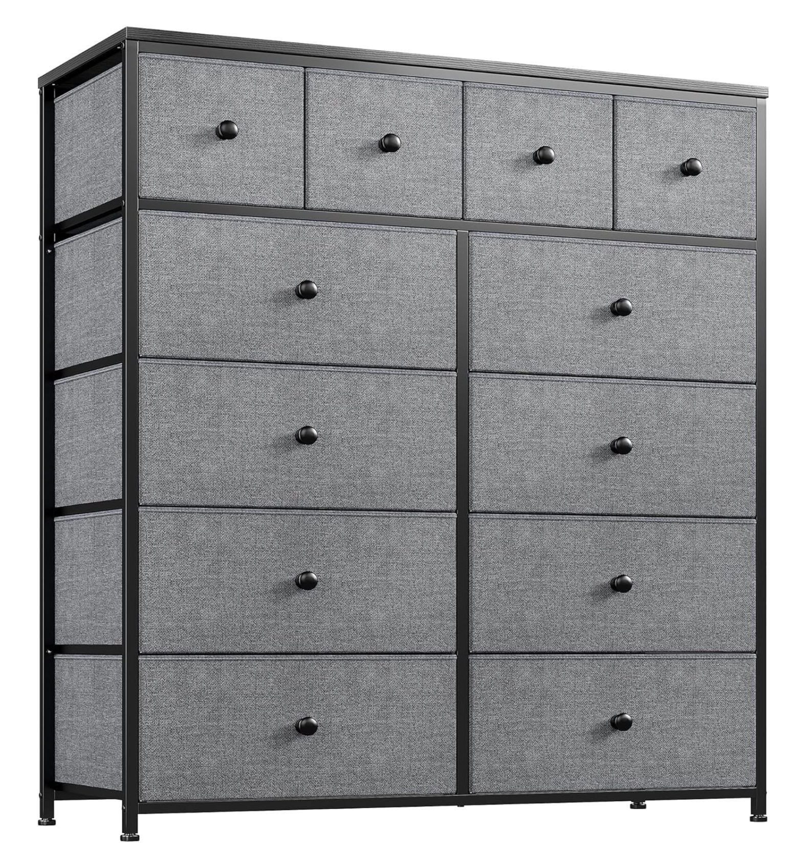 Gray Fabric and Metal 12-Drawer Tall Dresser with Levelers