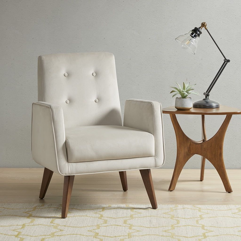 White Velvet Accent Chair with Walnut Legs