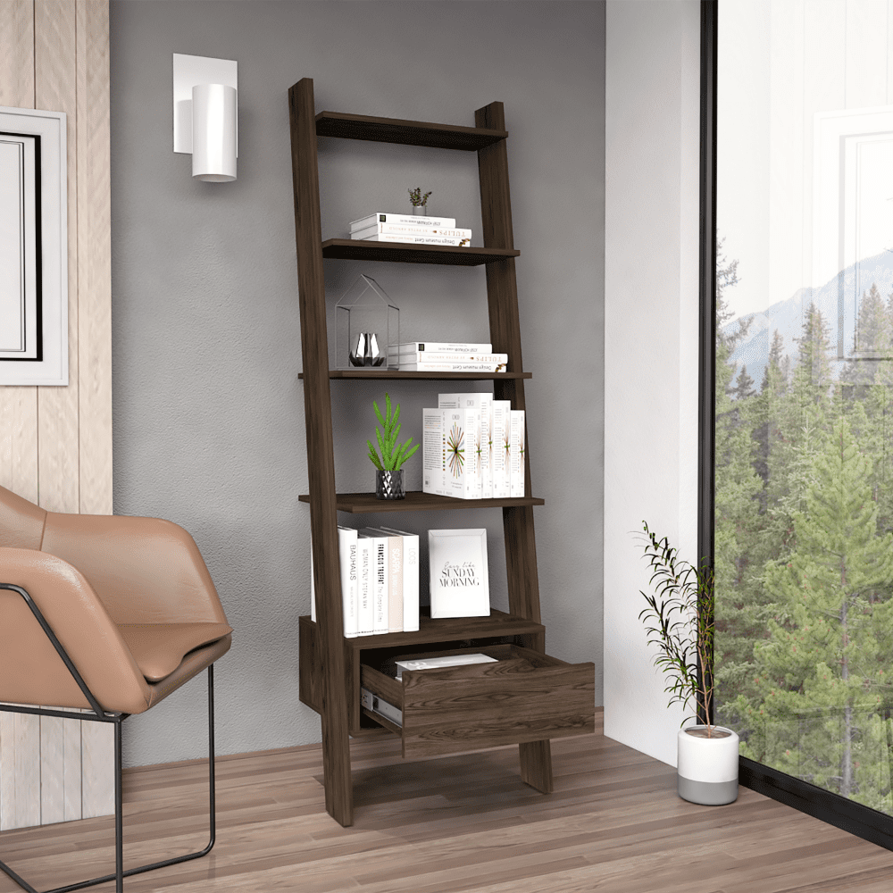 Elegant Dark Walnut Wood Ladder Bookcase with Drawer