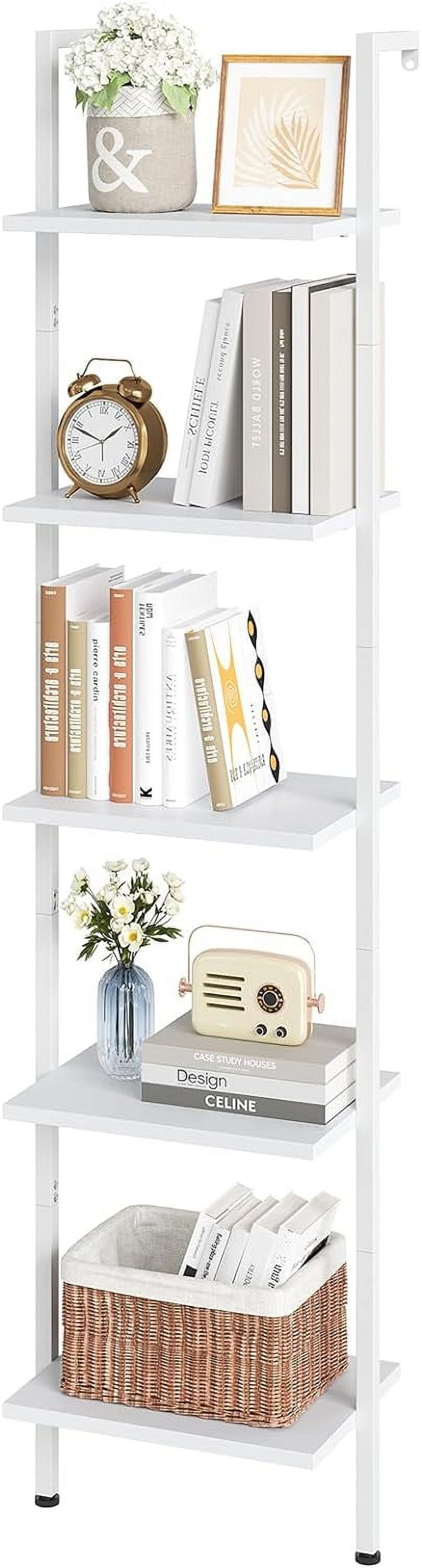 White Adjustable 5-Tier Wood Ladder Bookshelf