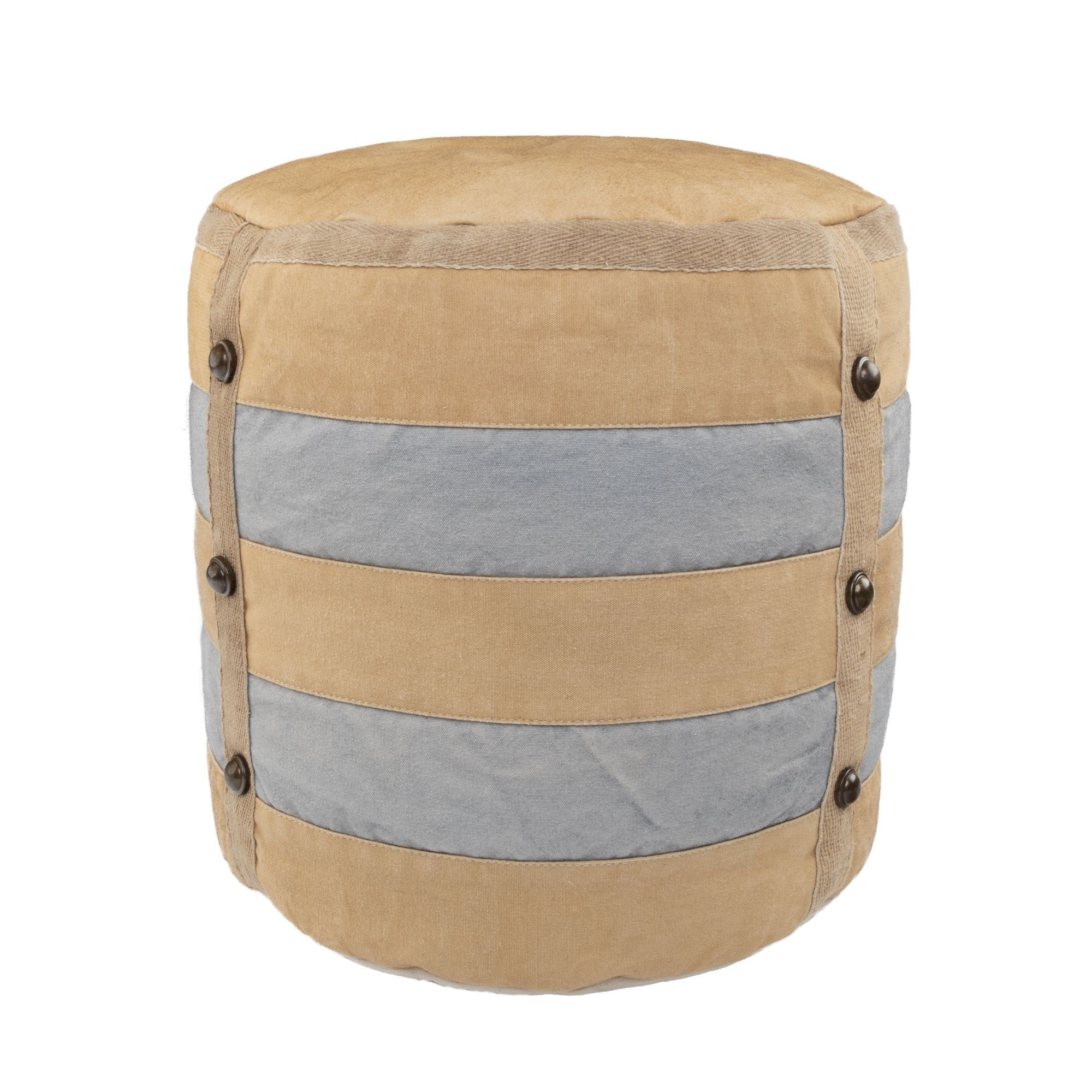 16" Beige and Gray Cotton Striped Round Pouf Ottoman