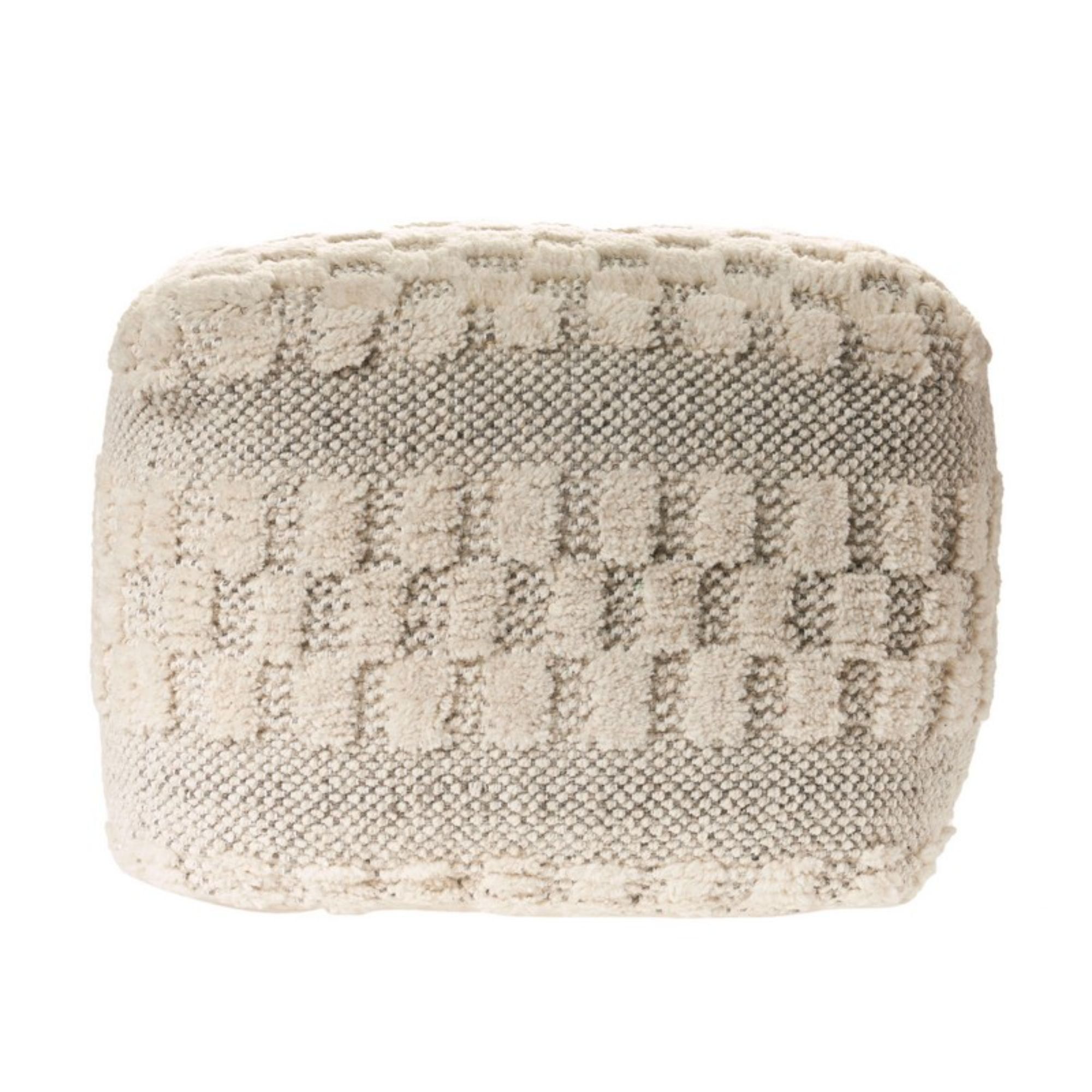 Handwoven Tufted Wool Pouf in Beige and Gray Checkered Design