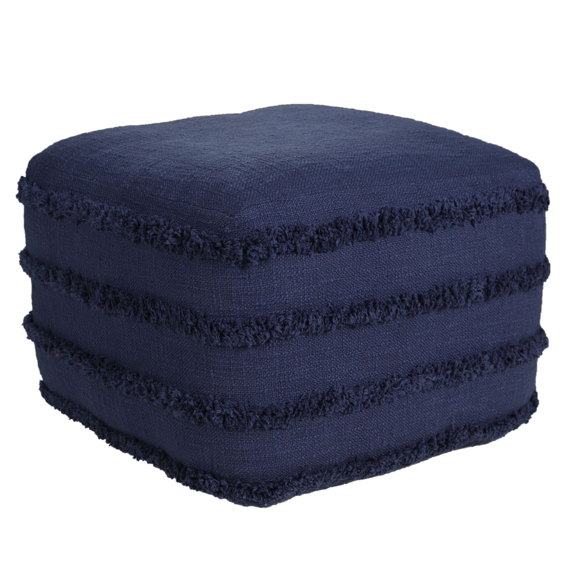 Navy Striped Textured Tufted Cotton Square Pouf, 18"