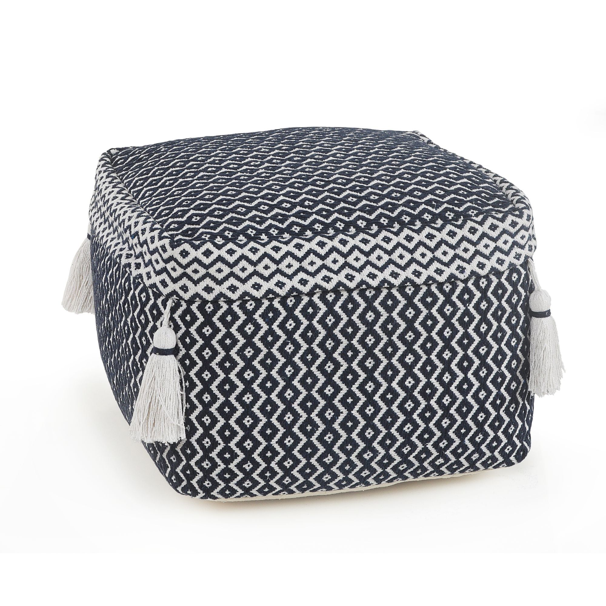 Navy and White Geometric Diamond 18" Square Cotton Pouf Ottoman