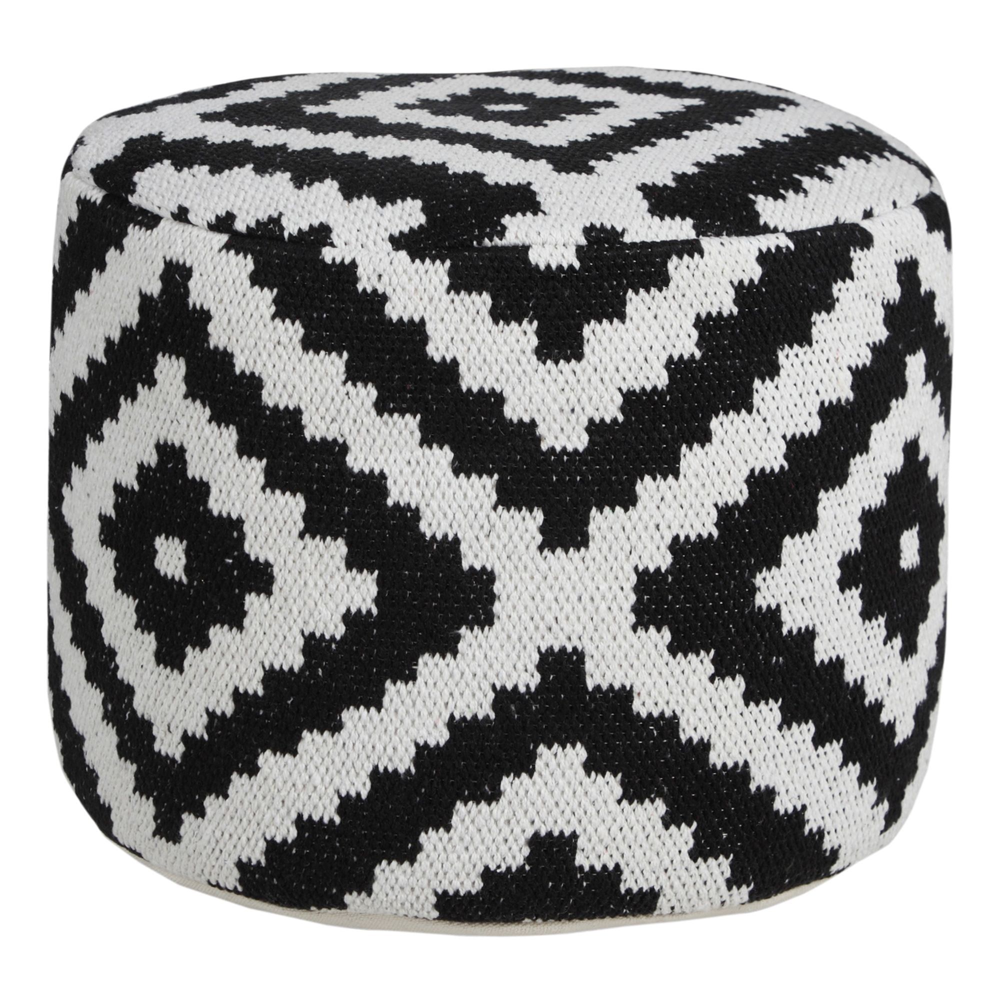 18" White and Black Cotton Geometric Medallion Pouf Ottoman