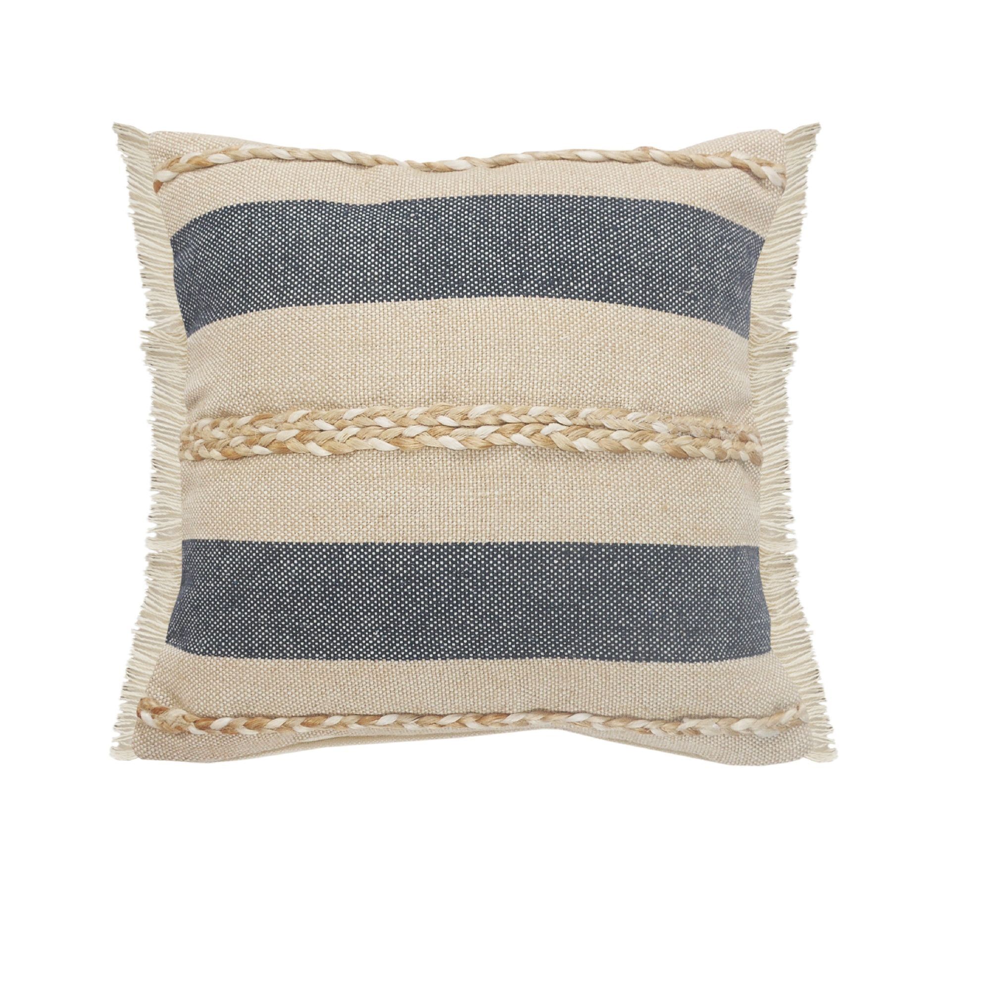 20" Blue and Tan Striped Square Pillow with Jute Braiding