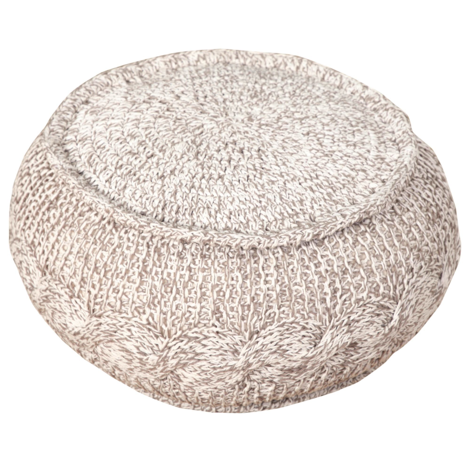 20" Tan and Gray Hand-Knotted Cotton Round Pouf Ottoman