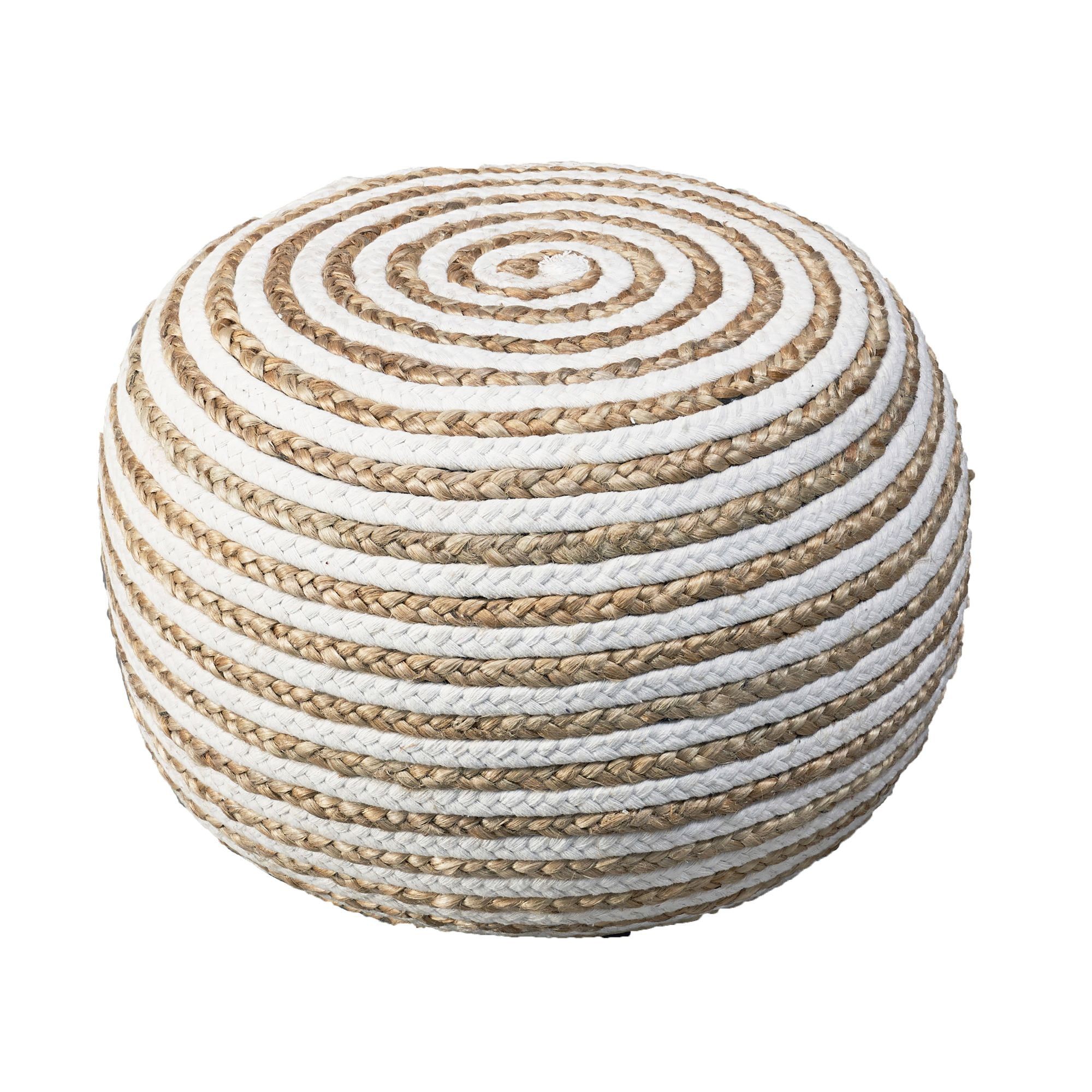 Boho Chic Tan and White Hand Knitted Jute Pouf Ottoman, 20" Round