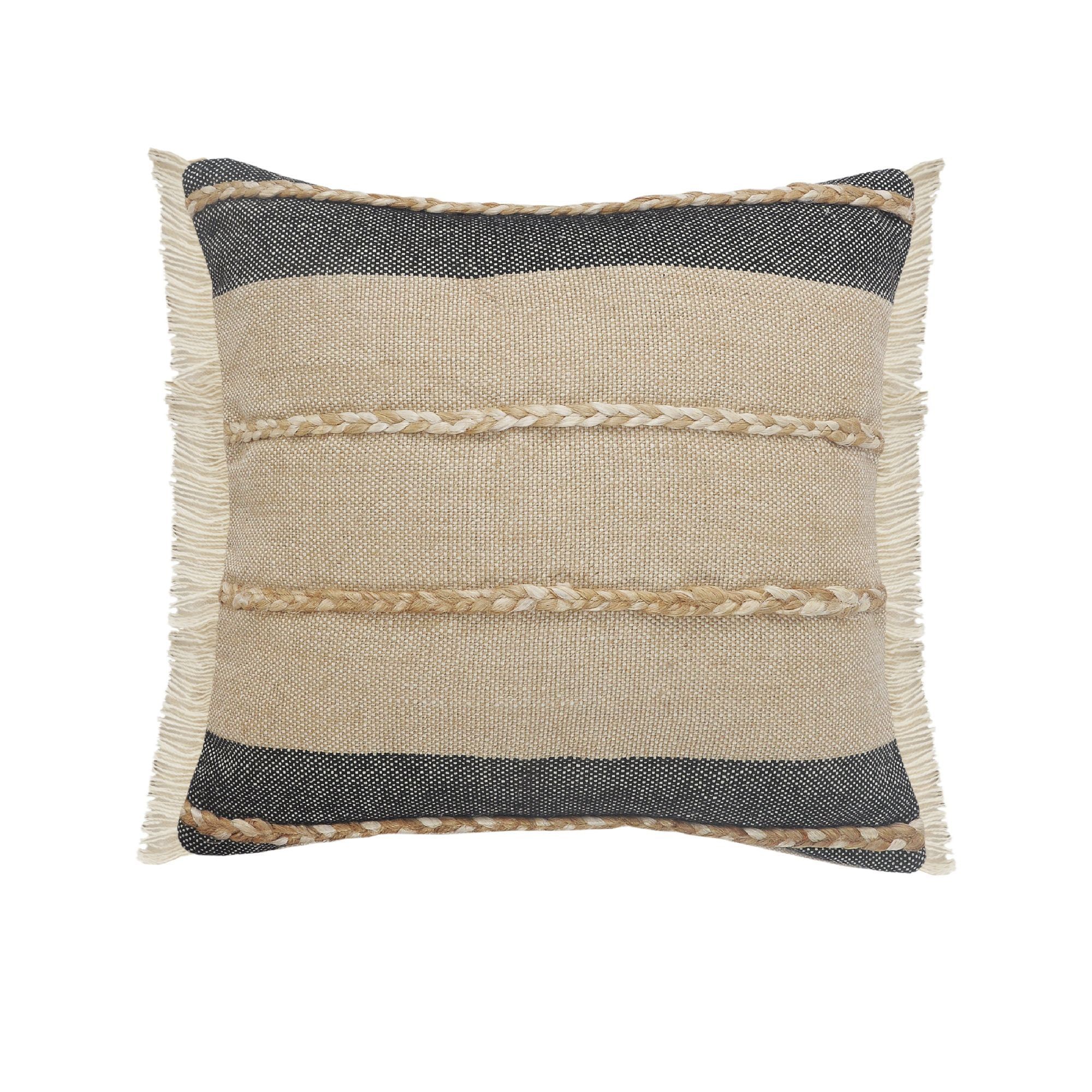 24" Black and Taupe Striped Square Pillow with Jute Braiding