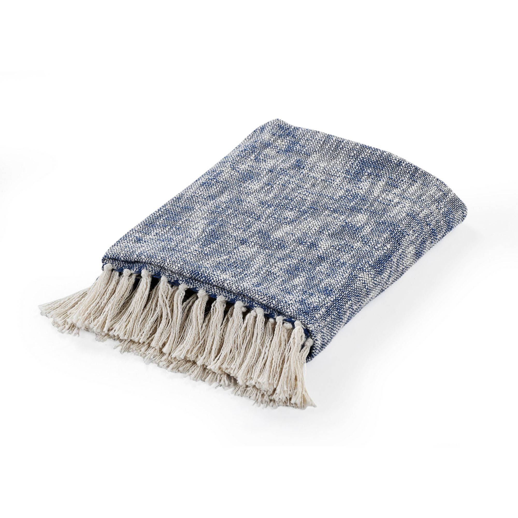 Navy Blue and Ivory Cotton Boho Fringed Throw Blanket 50" x 60"