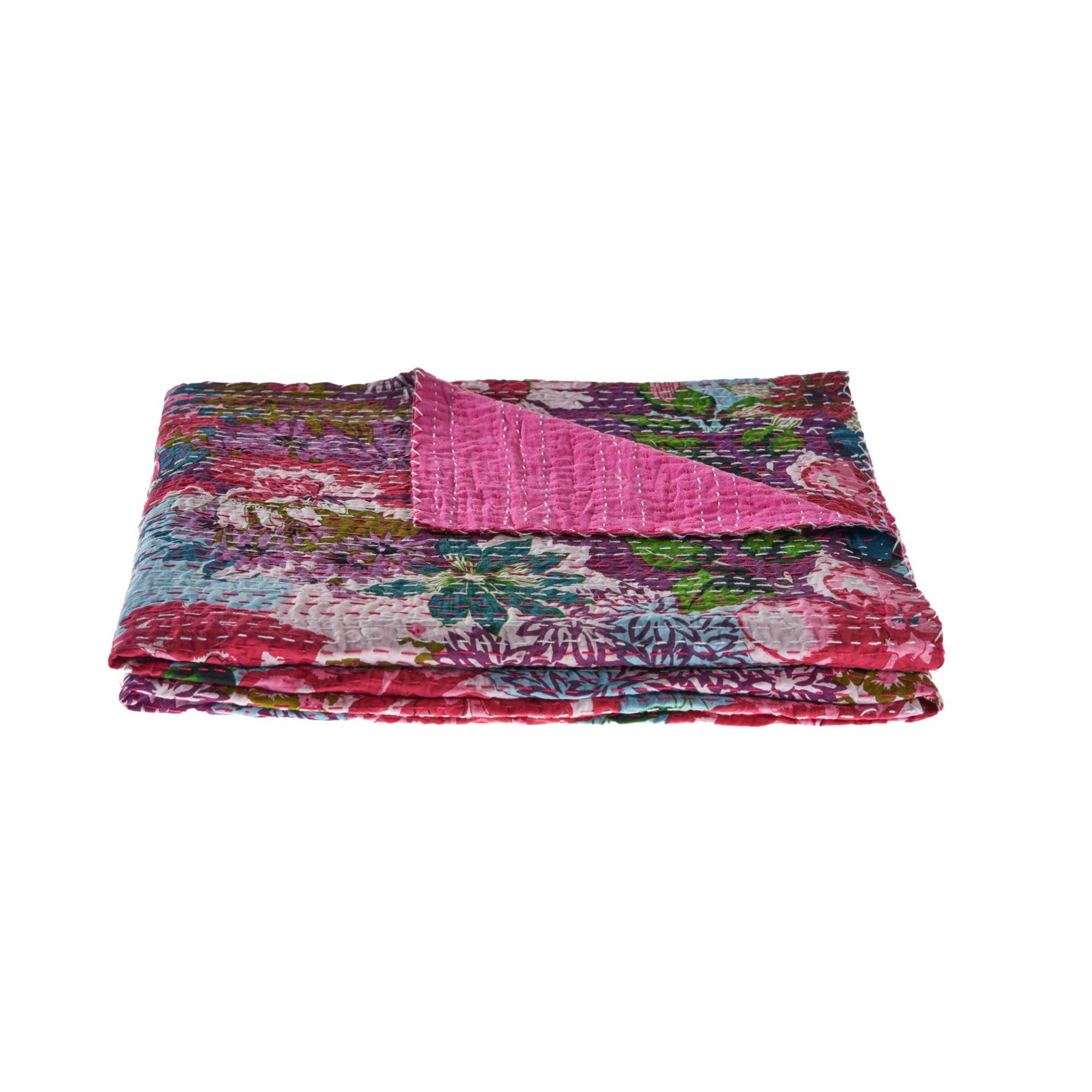 Pink and Blue Floral Handmade Cotton Throw Blanket 50" x 70"