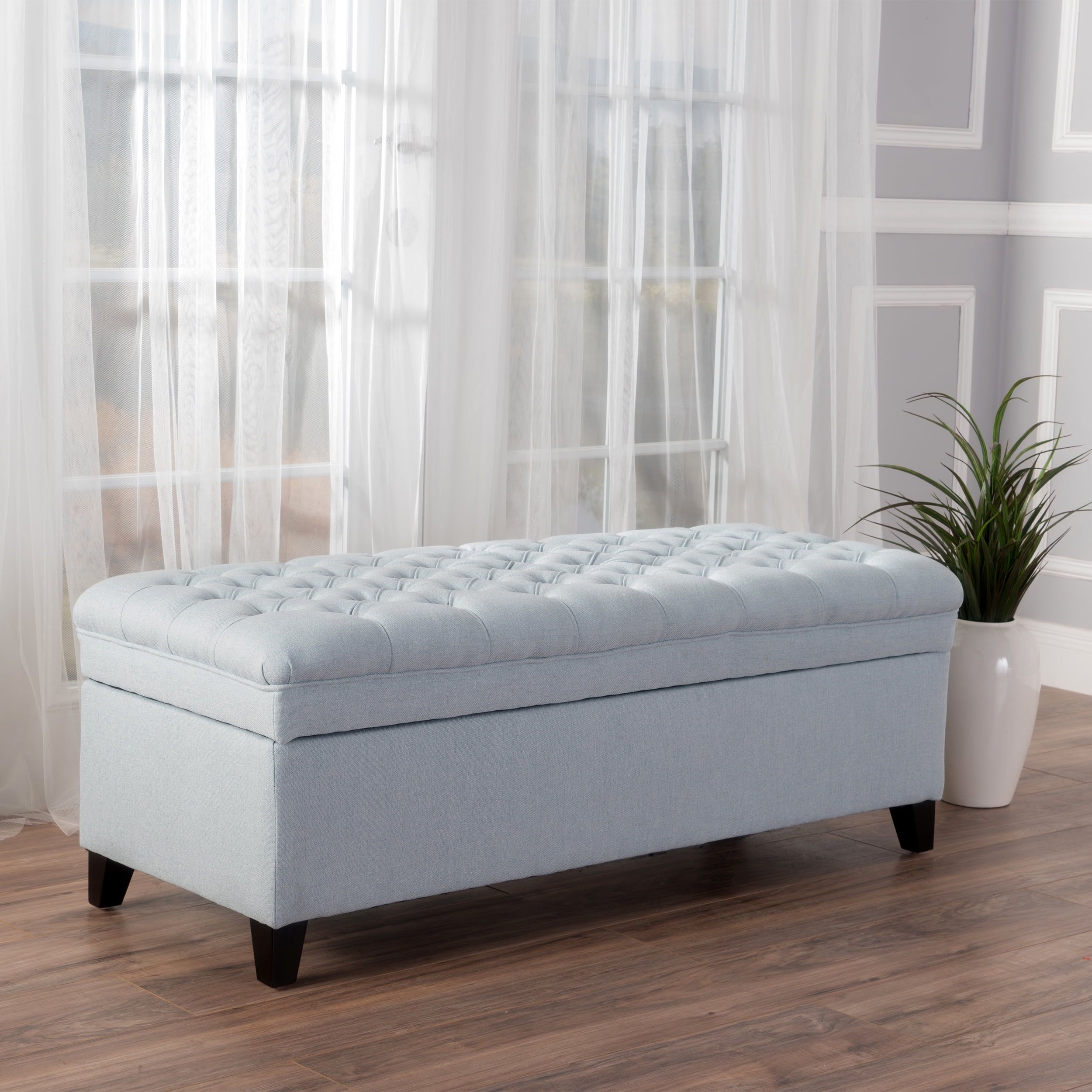 Light Sky Tufted Fabric Storage Ottoman Bench