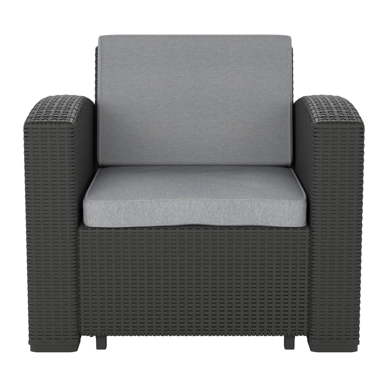 Elegant All-Weather Resin Wicker Outdoor Armchair with Gray Cushions