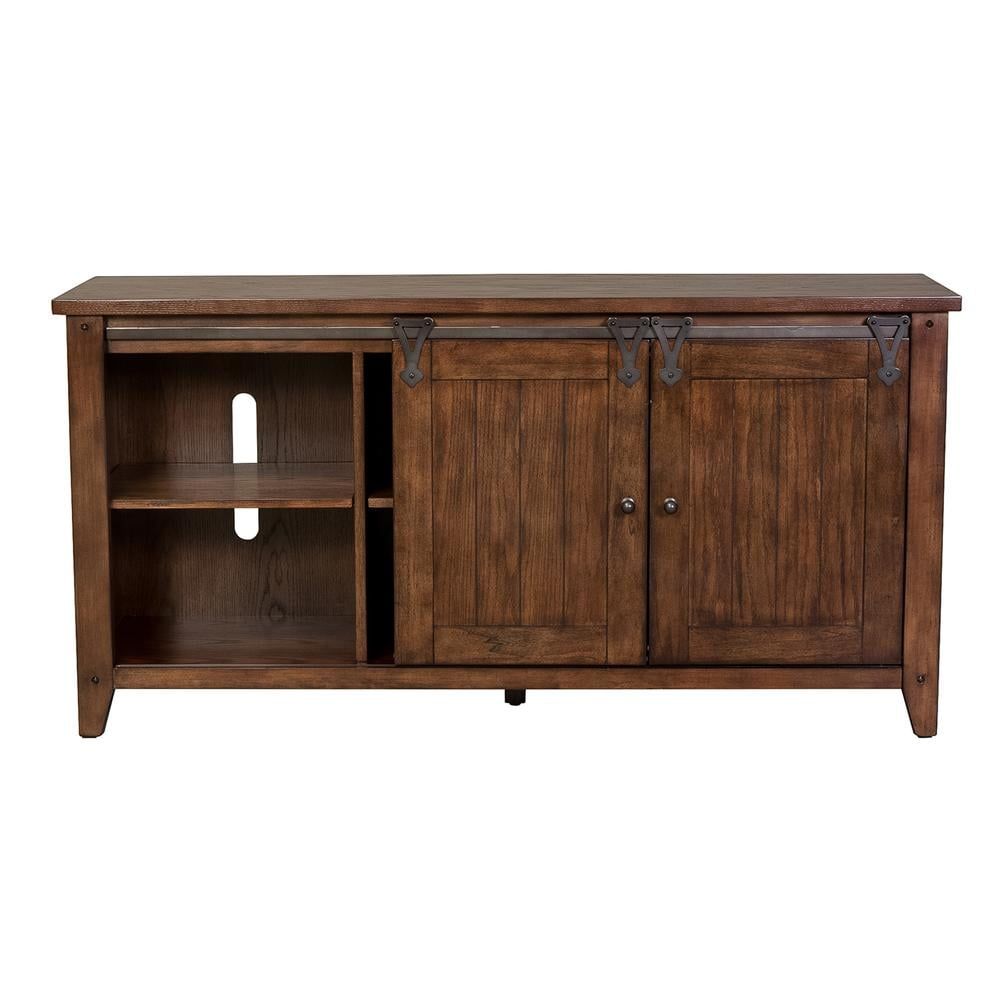 Rustic Brown Oak 60" TV Console with Sliding Barn Doors