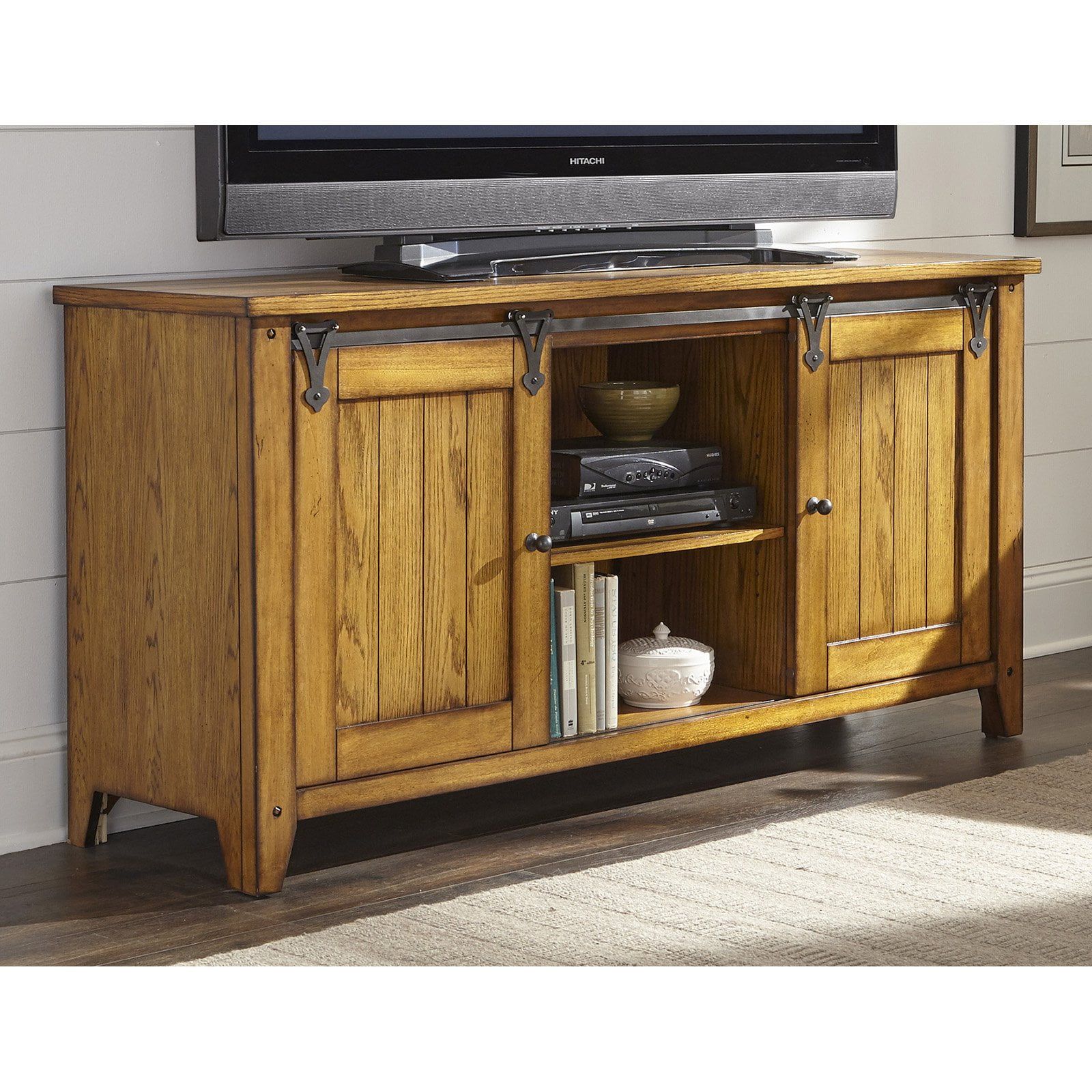 Lake House Oak Finish 60 Inch TV Console with Sliding Barn Doors