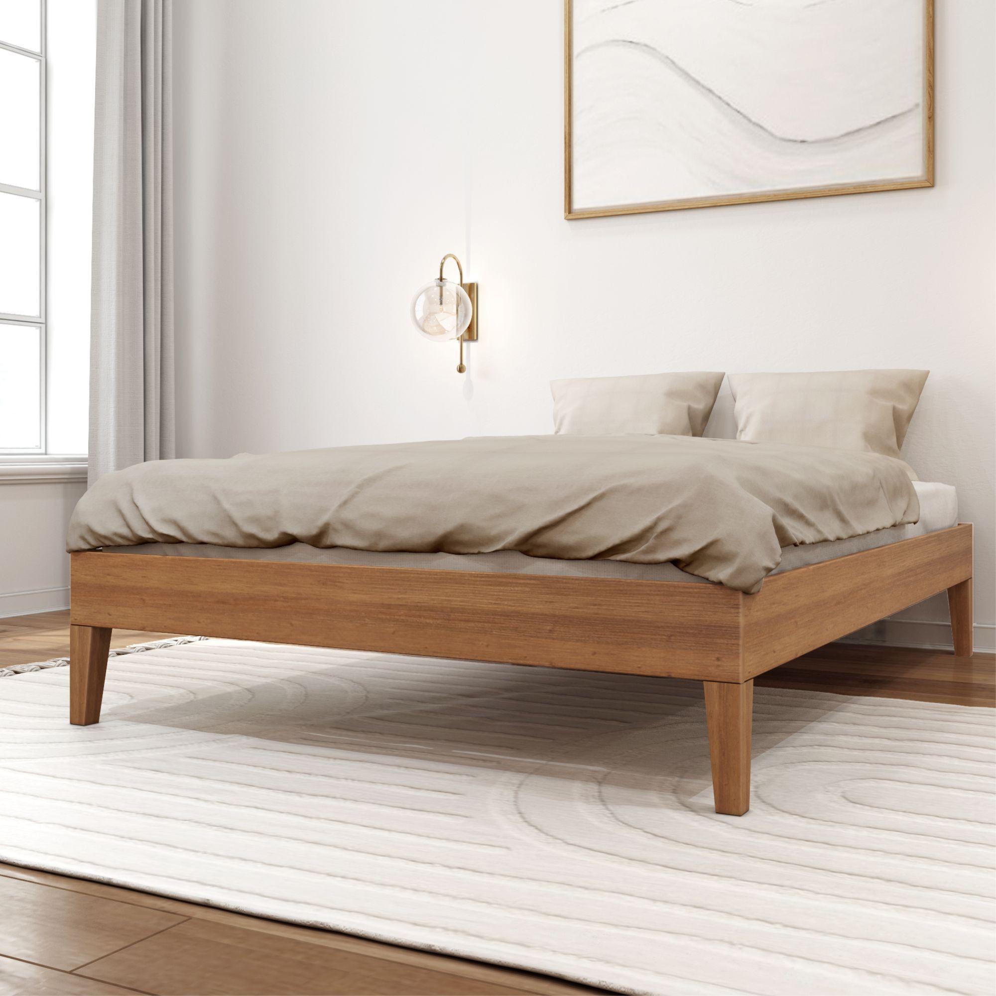 Full-Size Matte Pecan Pine Wood Platform Bed Frame