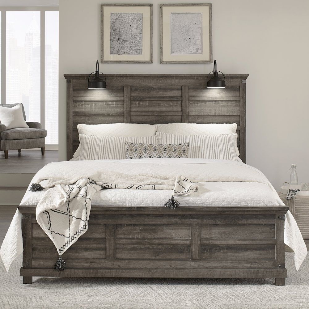 King Brown Wood Panel Bed with Lighted Headboard