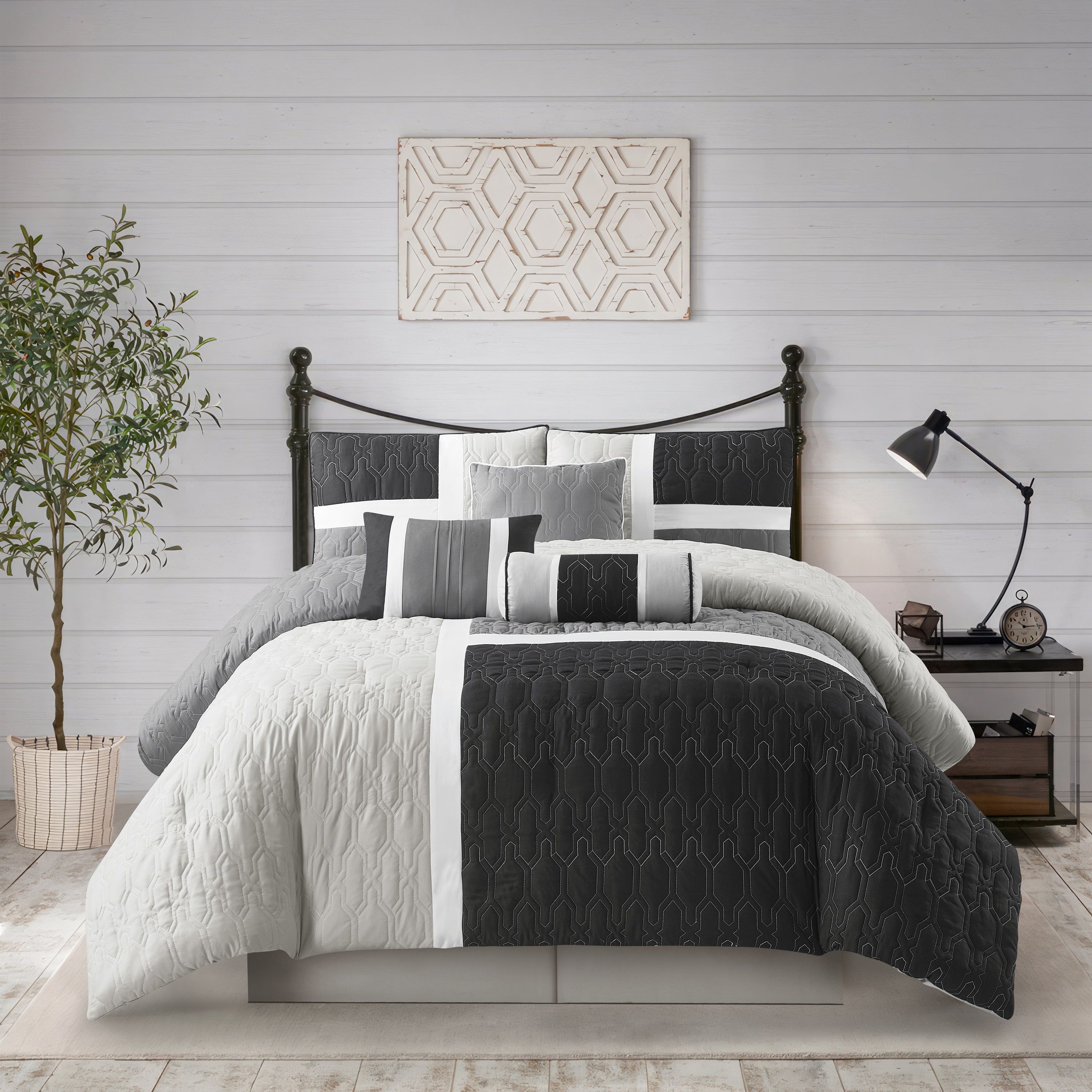 Gray and Black Geometric Microfiber King Comforter Set, 7 Pieces