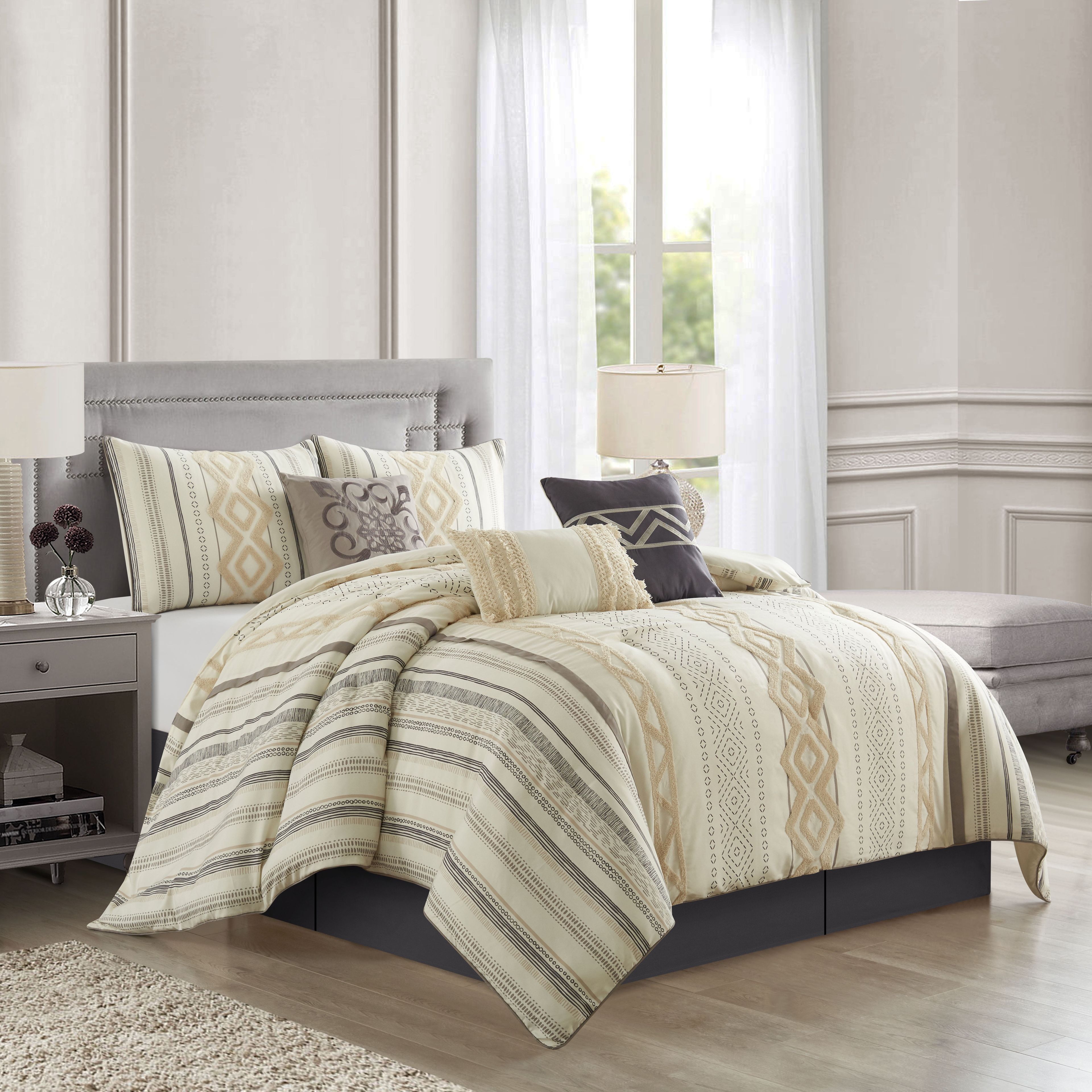 Ivory and Beige Geometric King Comforter Set with Embroidery