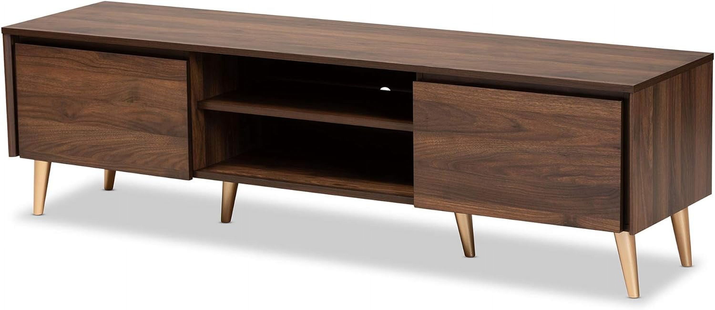 Landen Walnut Brown Wood and Gold Mid-Century TV Stand for 65" TVs