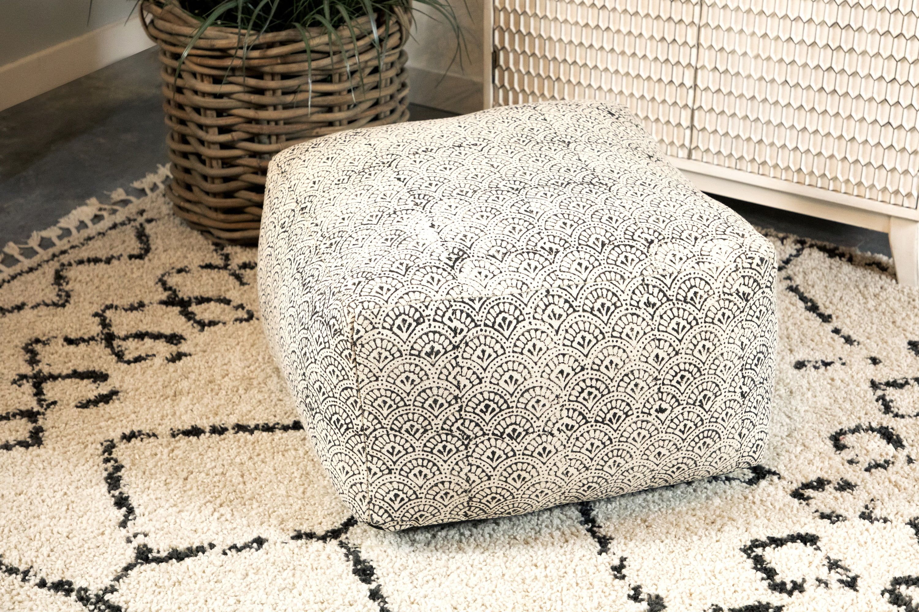 Cream and Black Square Cotton Upholstered Floor Pouf