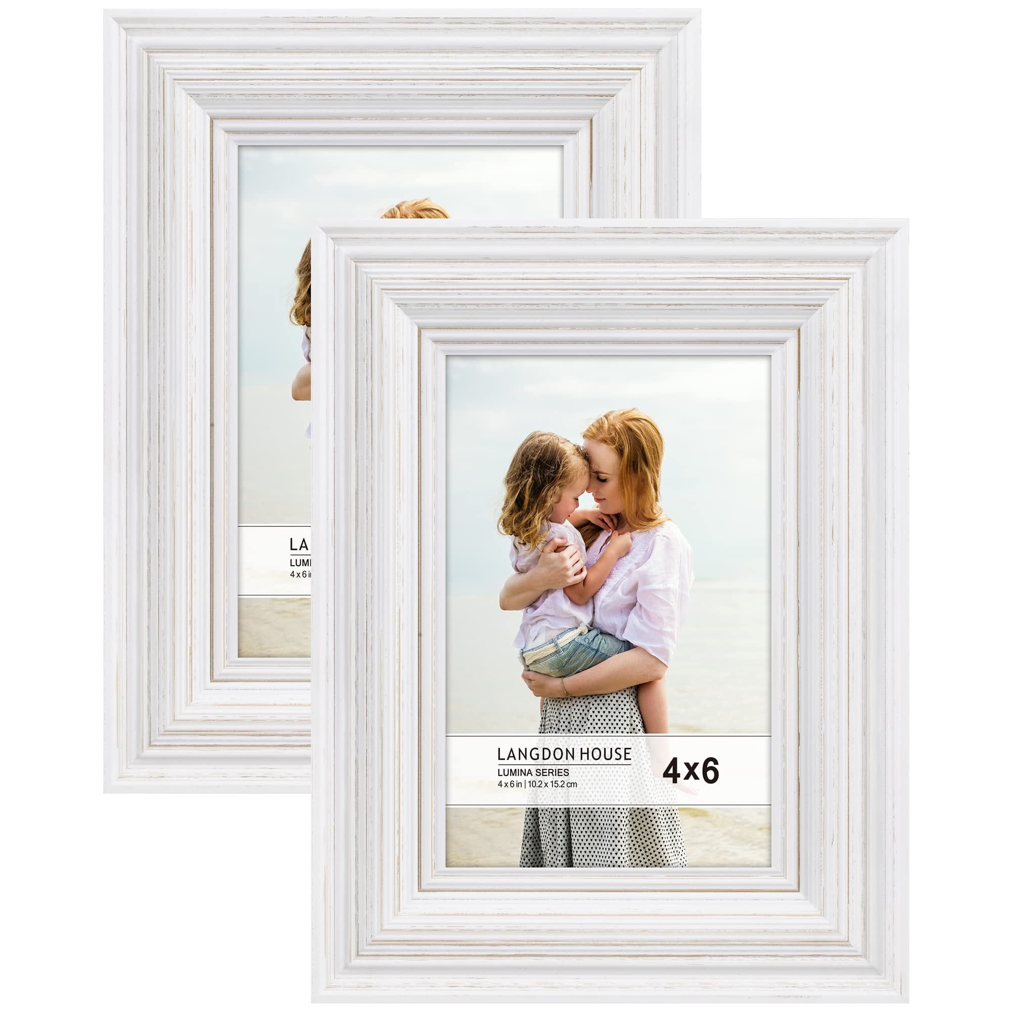 Langdon House 4x6 Weathered White Wood Picture Frames with Gold Accents, 2 Pack