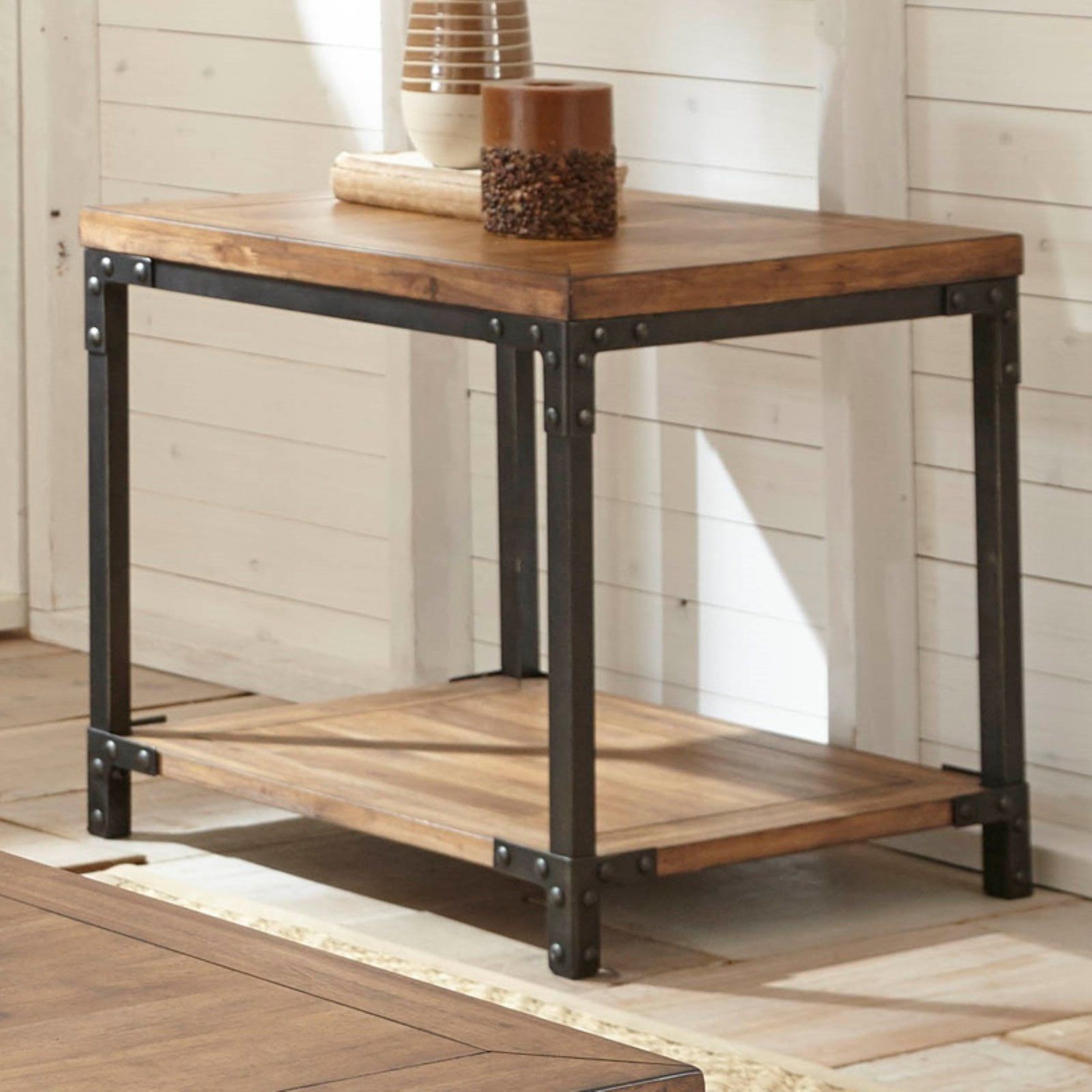 Rustic Acacia Honey & Black Metal Framed End Table