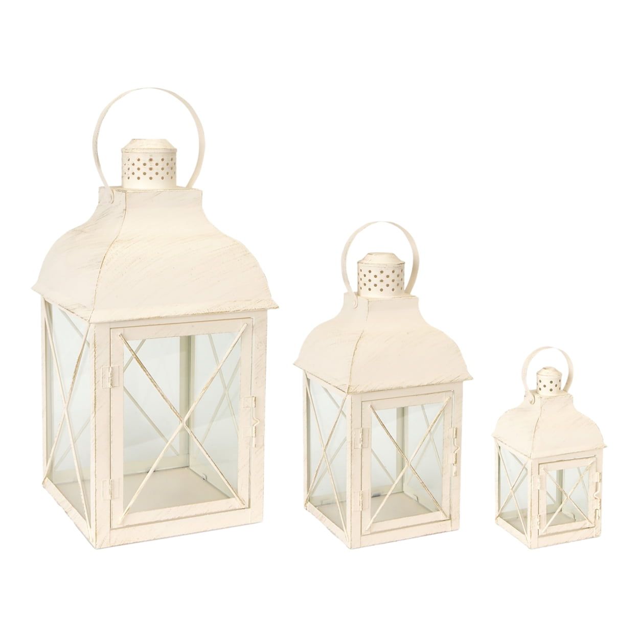 Rustic Ivory Metal & Glass Christmas Lantern Trio