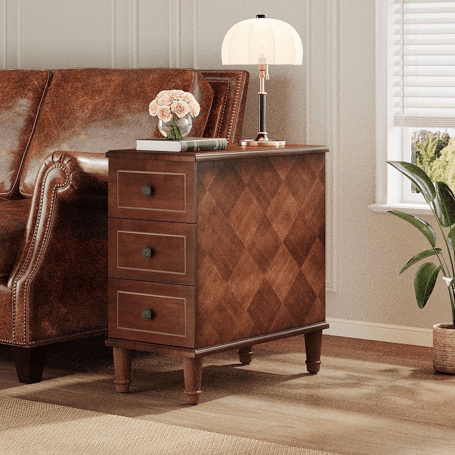 Brown Solid Wood 3-Drawer Narrow End Table