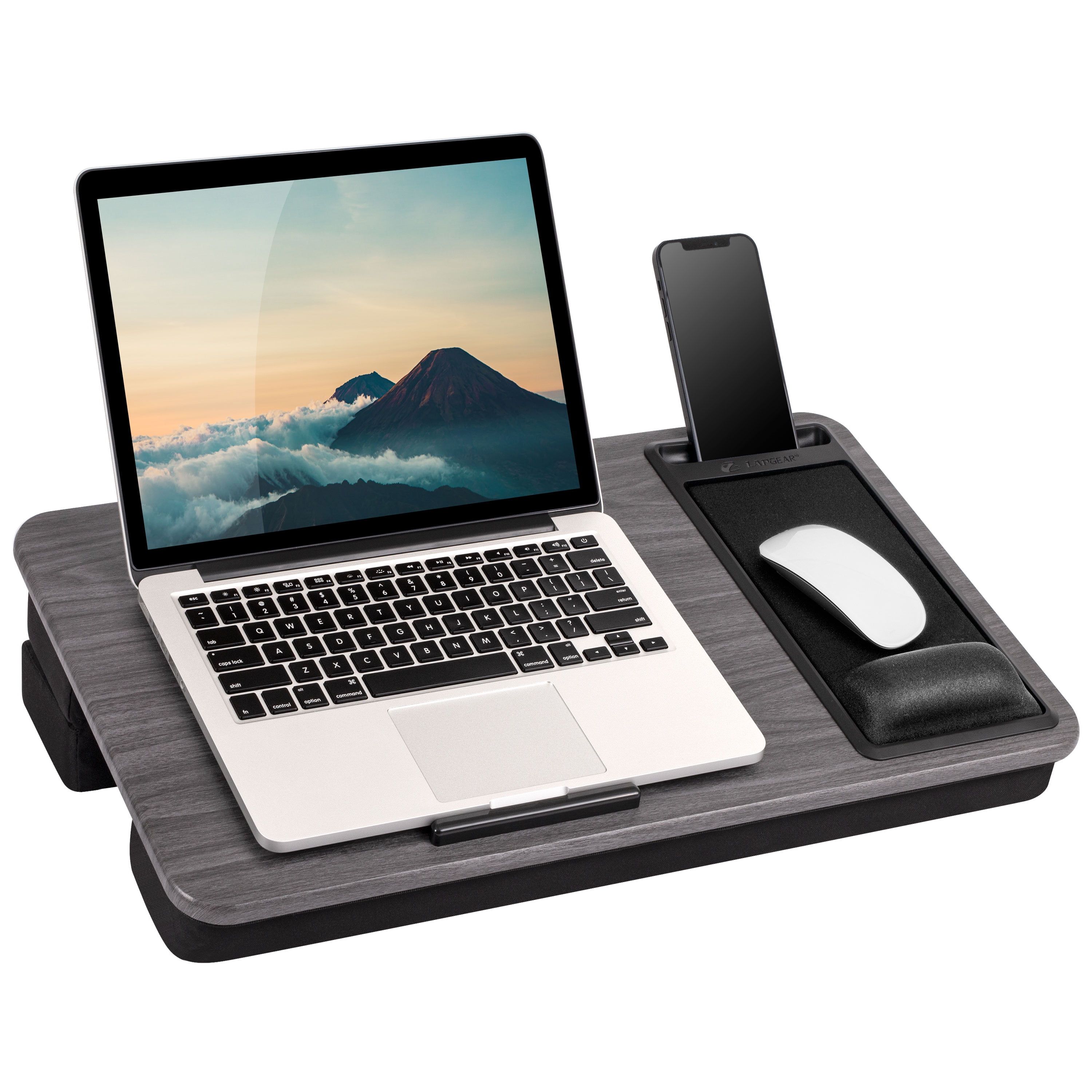 Gray Woodgrain Adjustable Lap Desk with Foam Cushion and Phone Holder