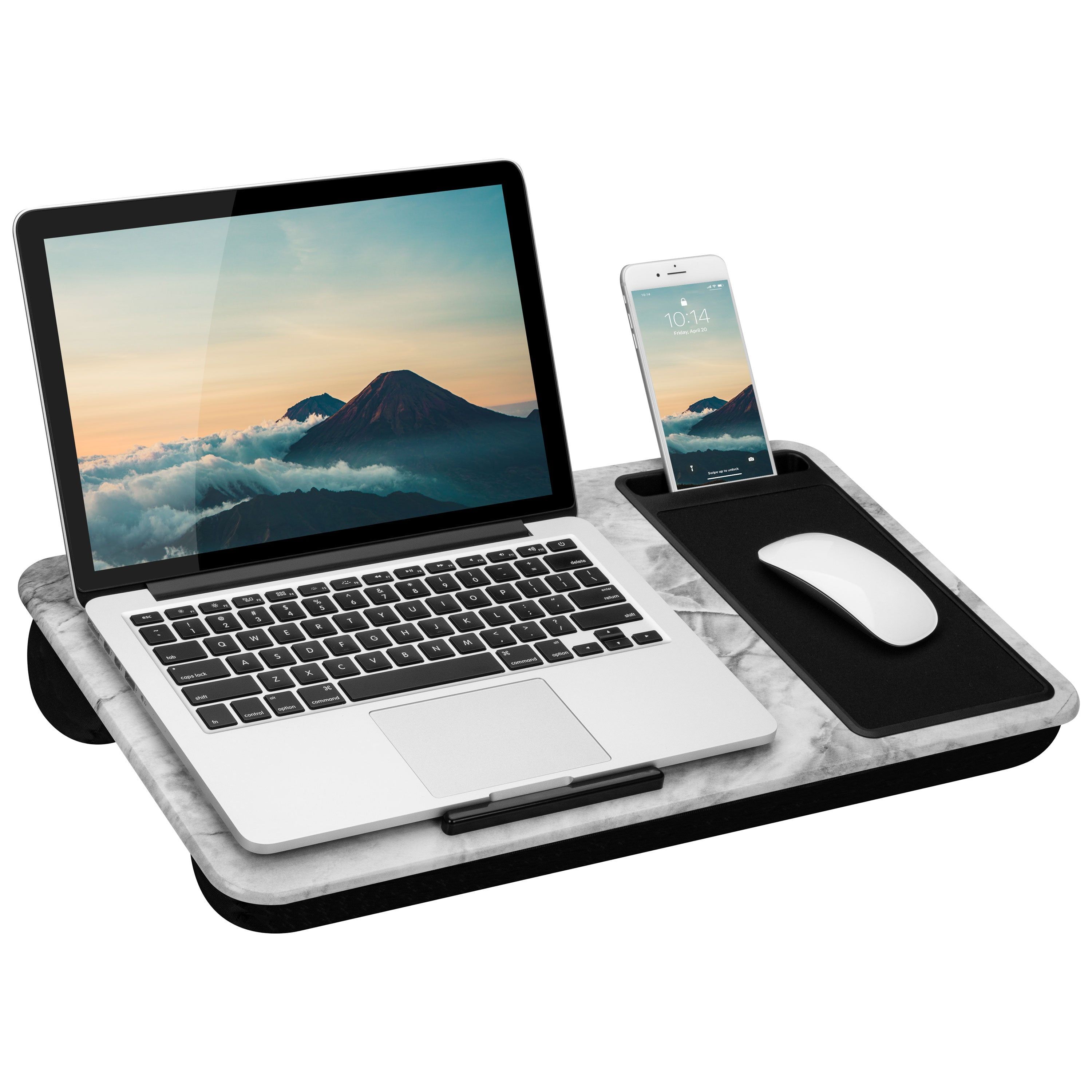 Elegant White Marble 15.6" Laptop Stand with Mouse Pad and Phone Slot