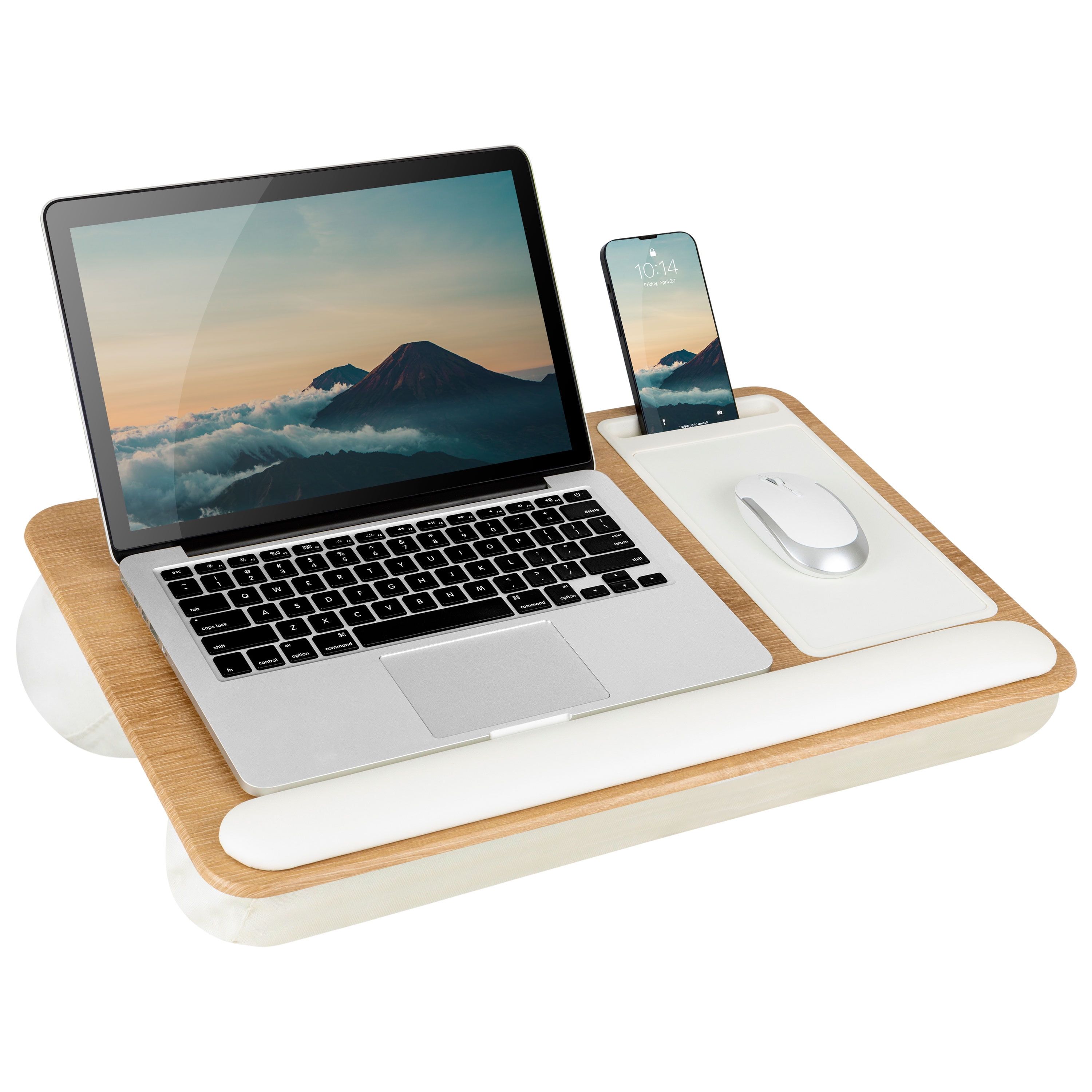 White Oak Woodgrain Lap Desk with Wrist Rest and Phone Holder