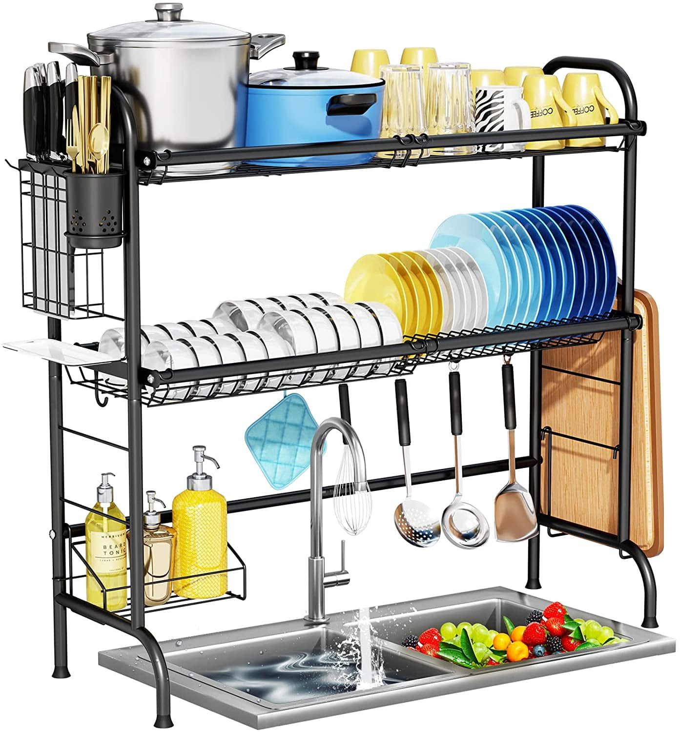 Silver 2-Tier Stainless Steel Over-the-Sink Dish Drying Rack with Utensil Holder